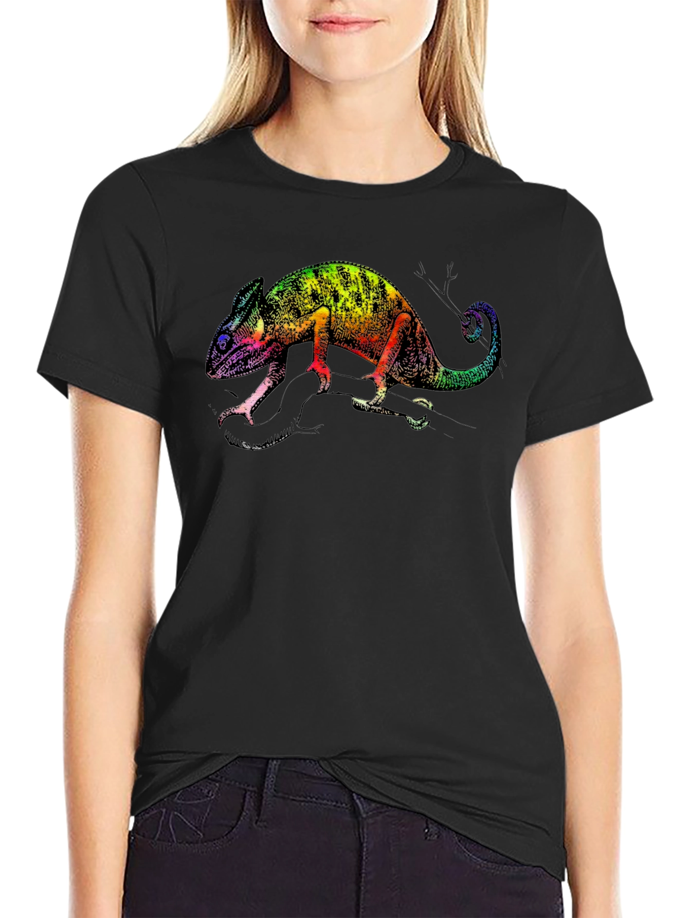Rainbow Chameleon Graphic Tee - Stylish Black T-Shirt