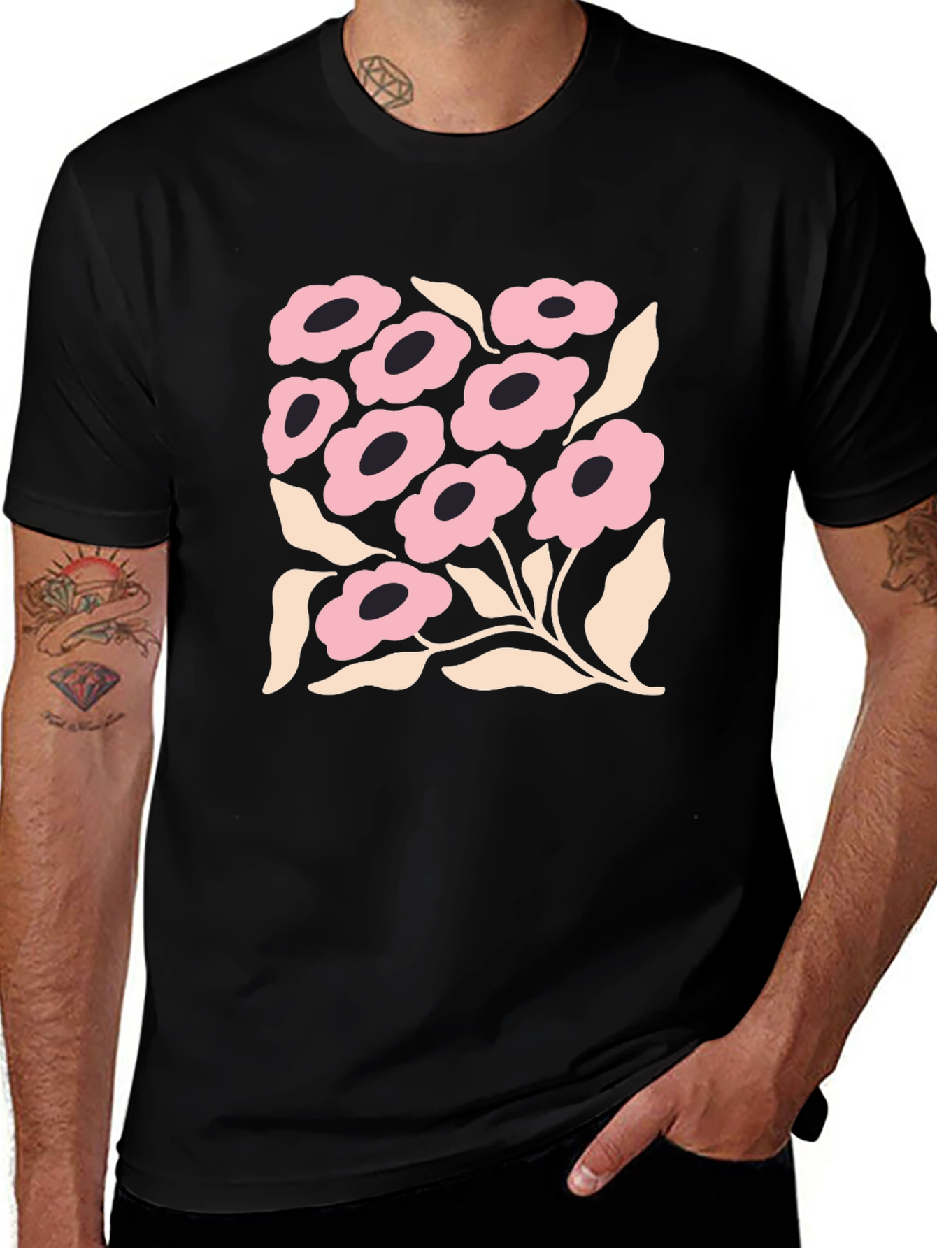 Floral Graphic Print Black Crew Neck T-Shirt