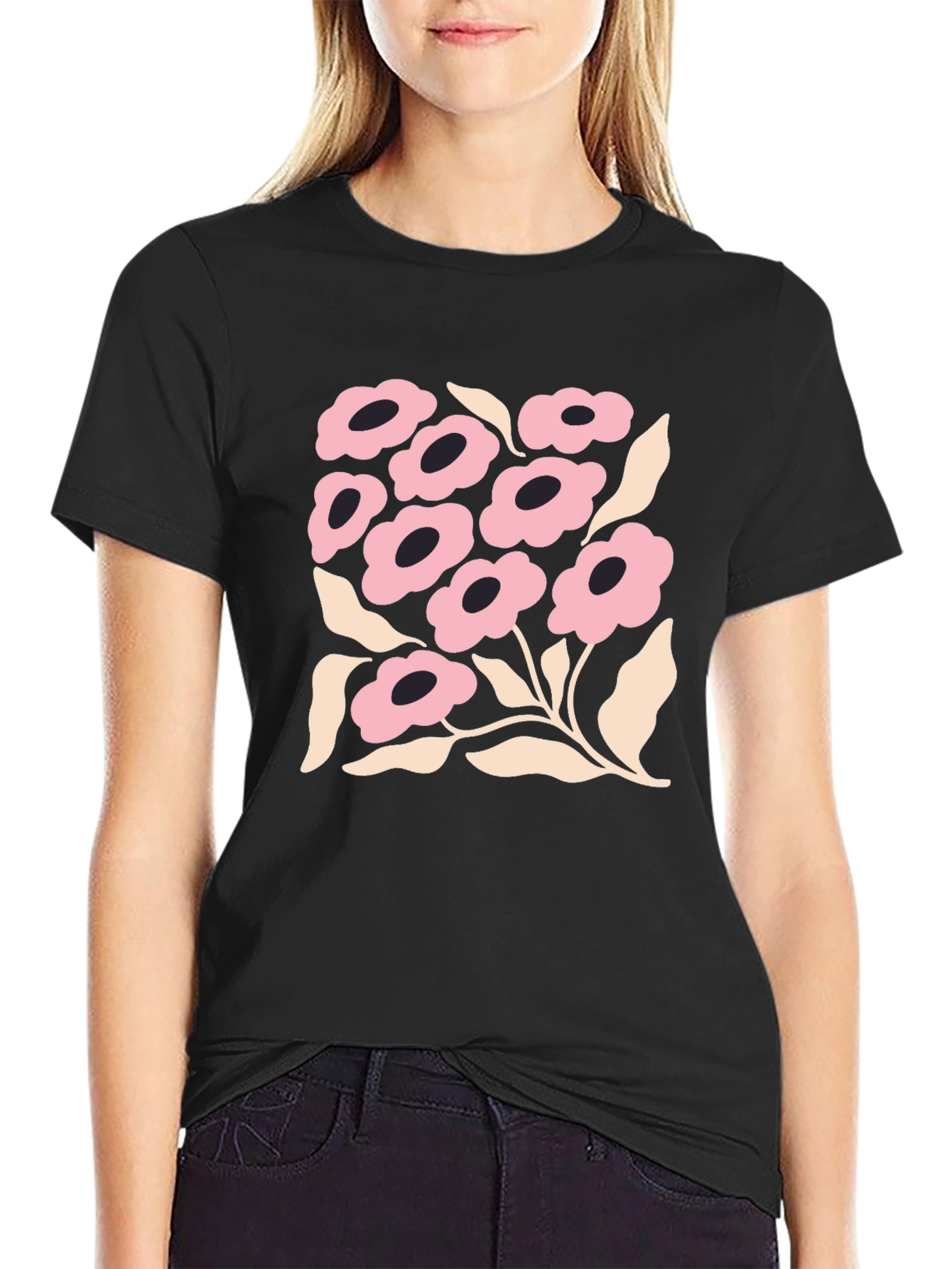 Floral Graphic Print Black Crew Neck T-Shirt