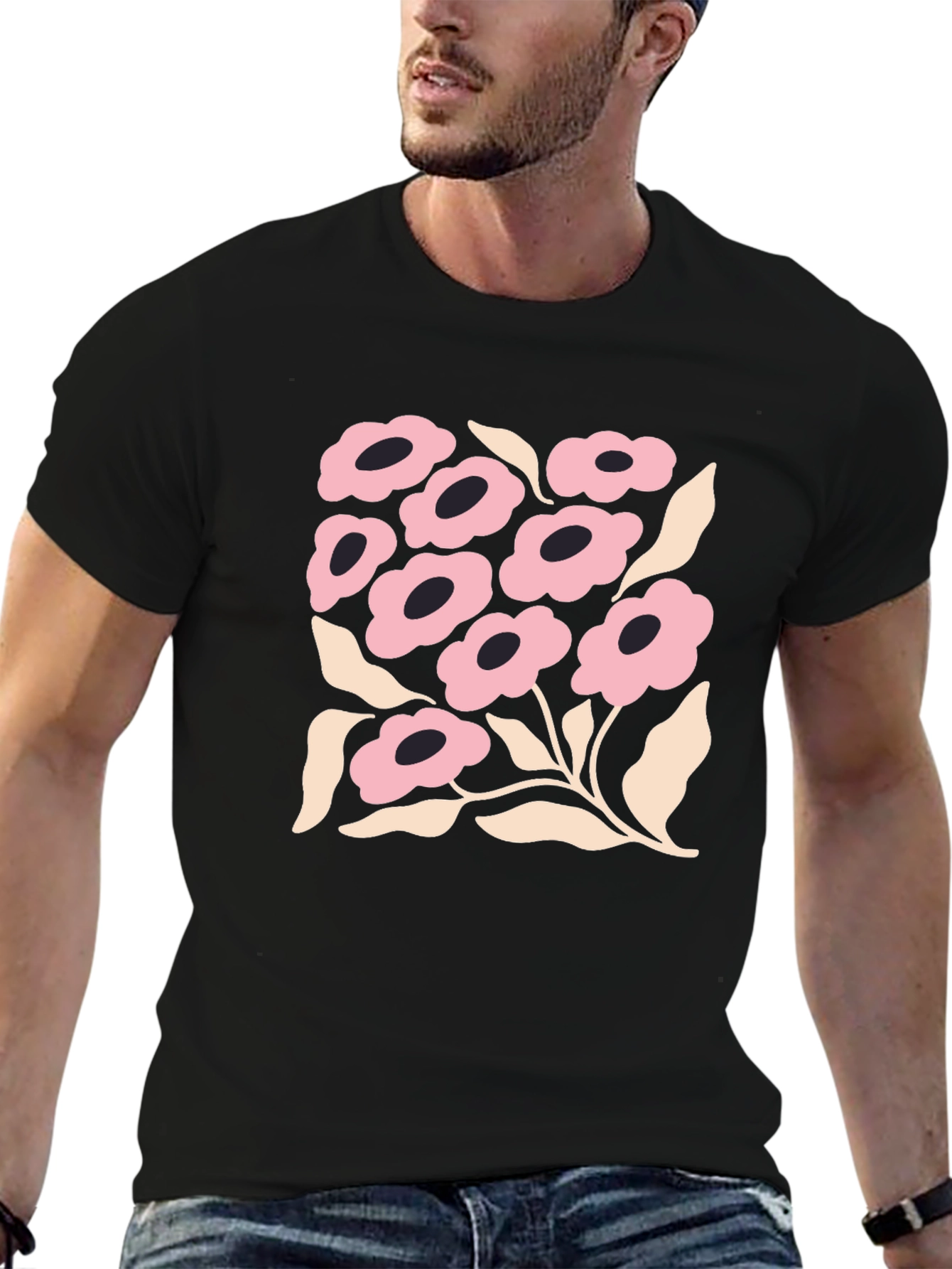 Floral Graphic Print Black Crew Neck T-Shirt