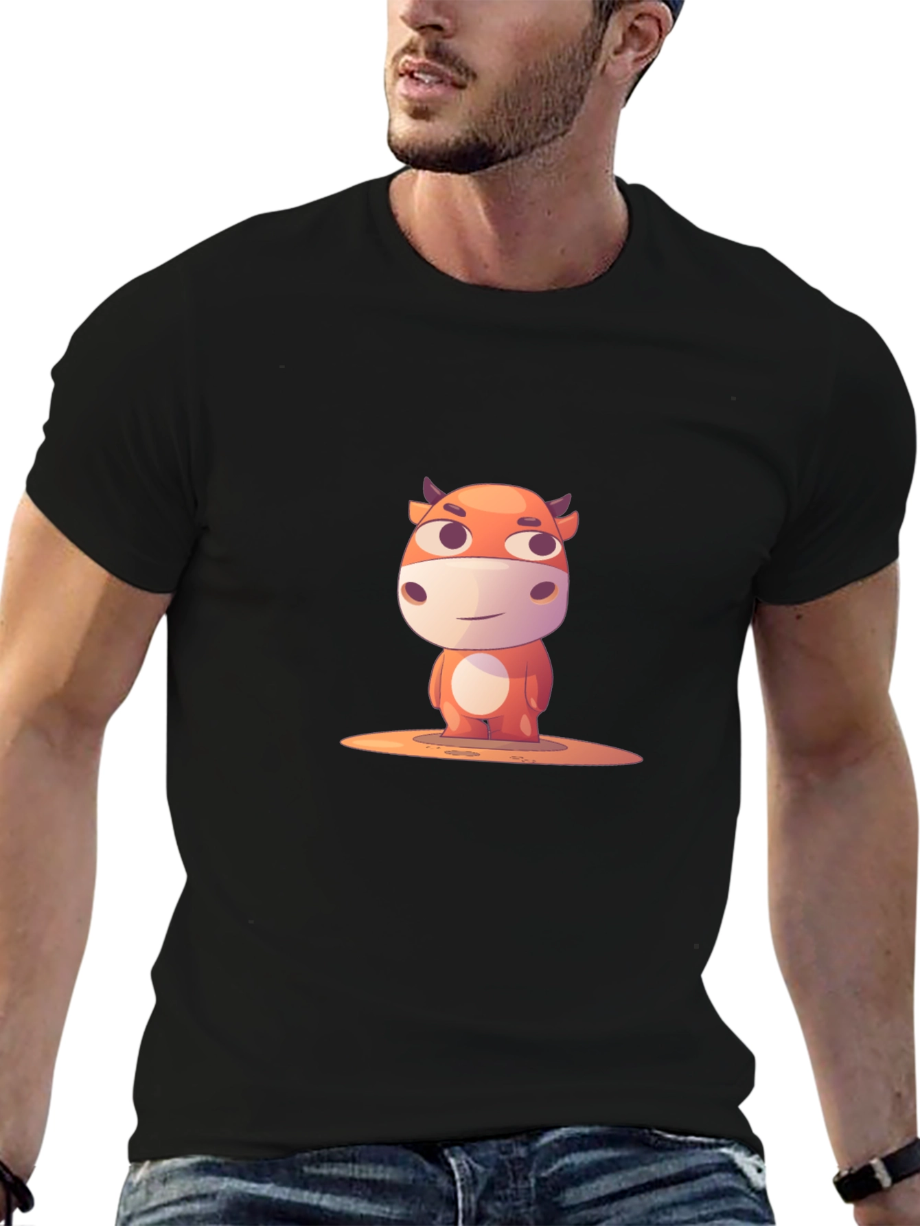 Cartoon Cow Graphic T-Shirt - Black