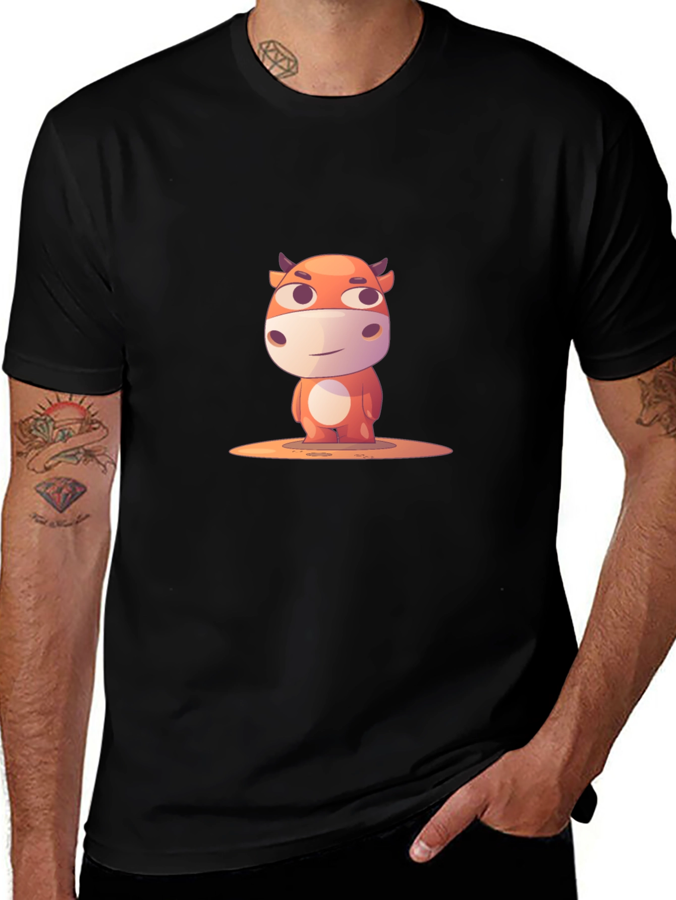 Cartoon Cow Graphic T-Shirt - Black