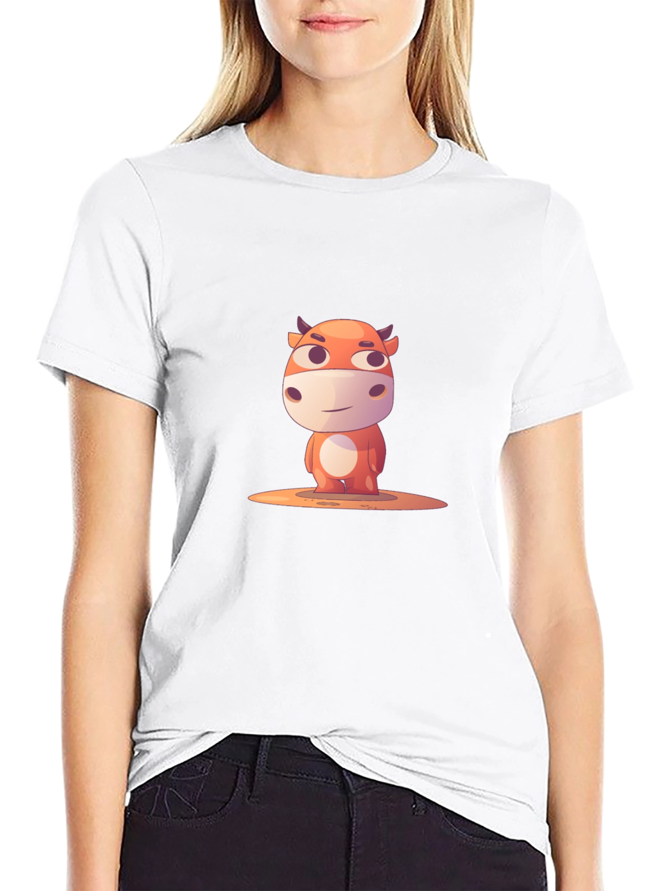 Cartoon Cow Graphic T-Shirt - Black