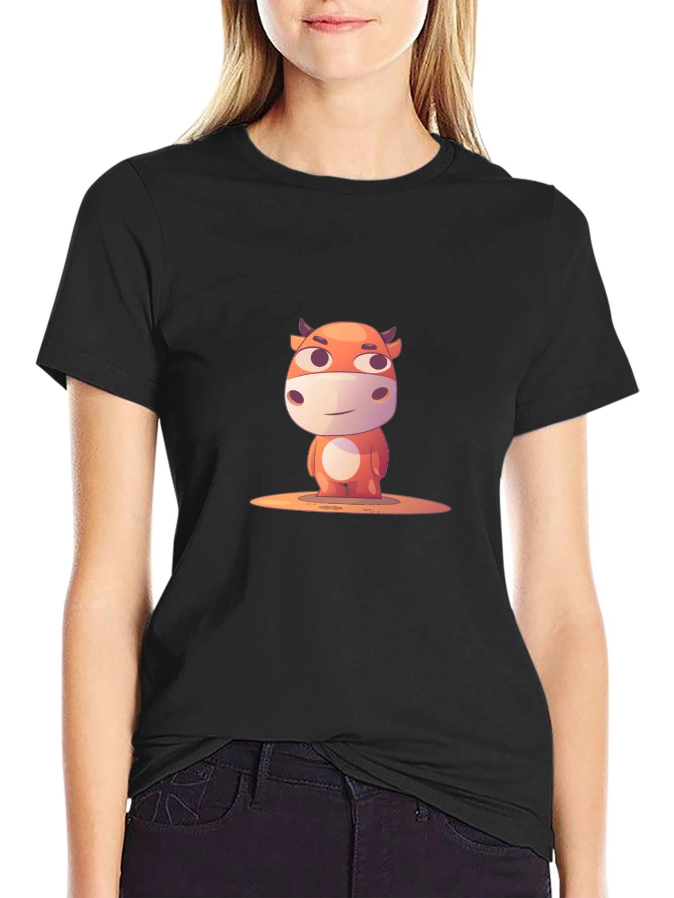 Cartoon Cow Graphic T-Shirt - Black