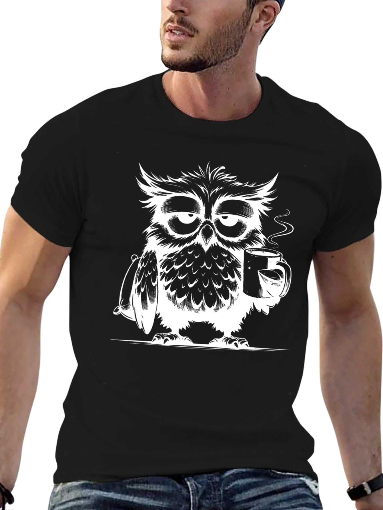 Sleepy Owl Coffee Lover Graphic T-Shirt