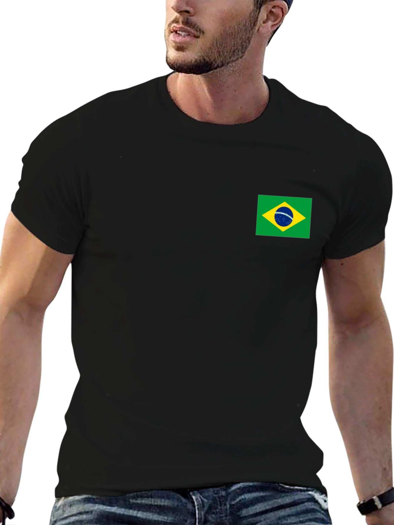 Black T-Shirt with Brazil Flag Patch
