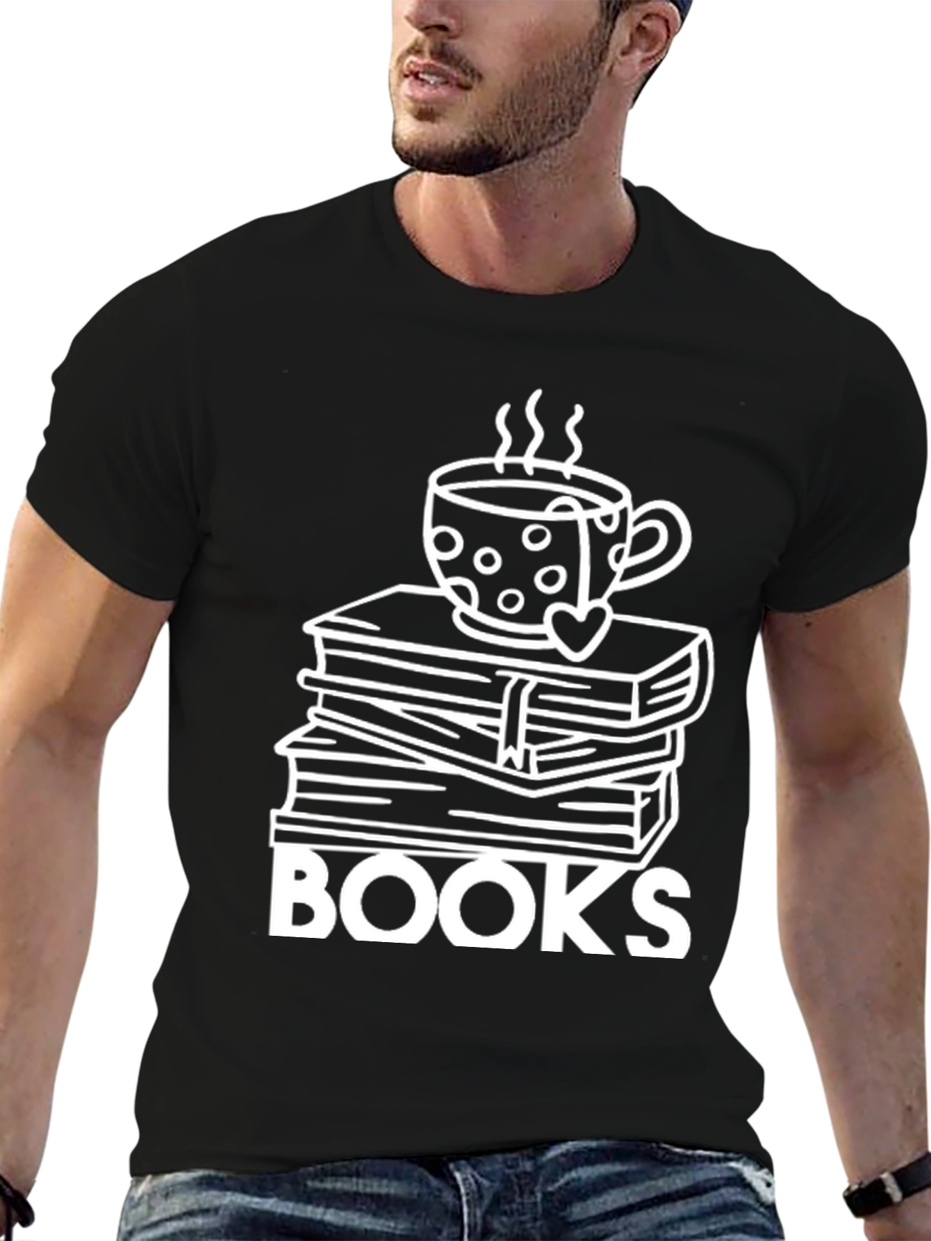 Book Lovers Tee: Stacked Books & Coffee Cup Design