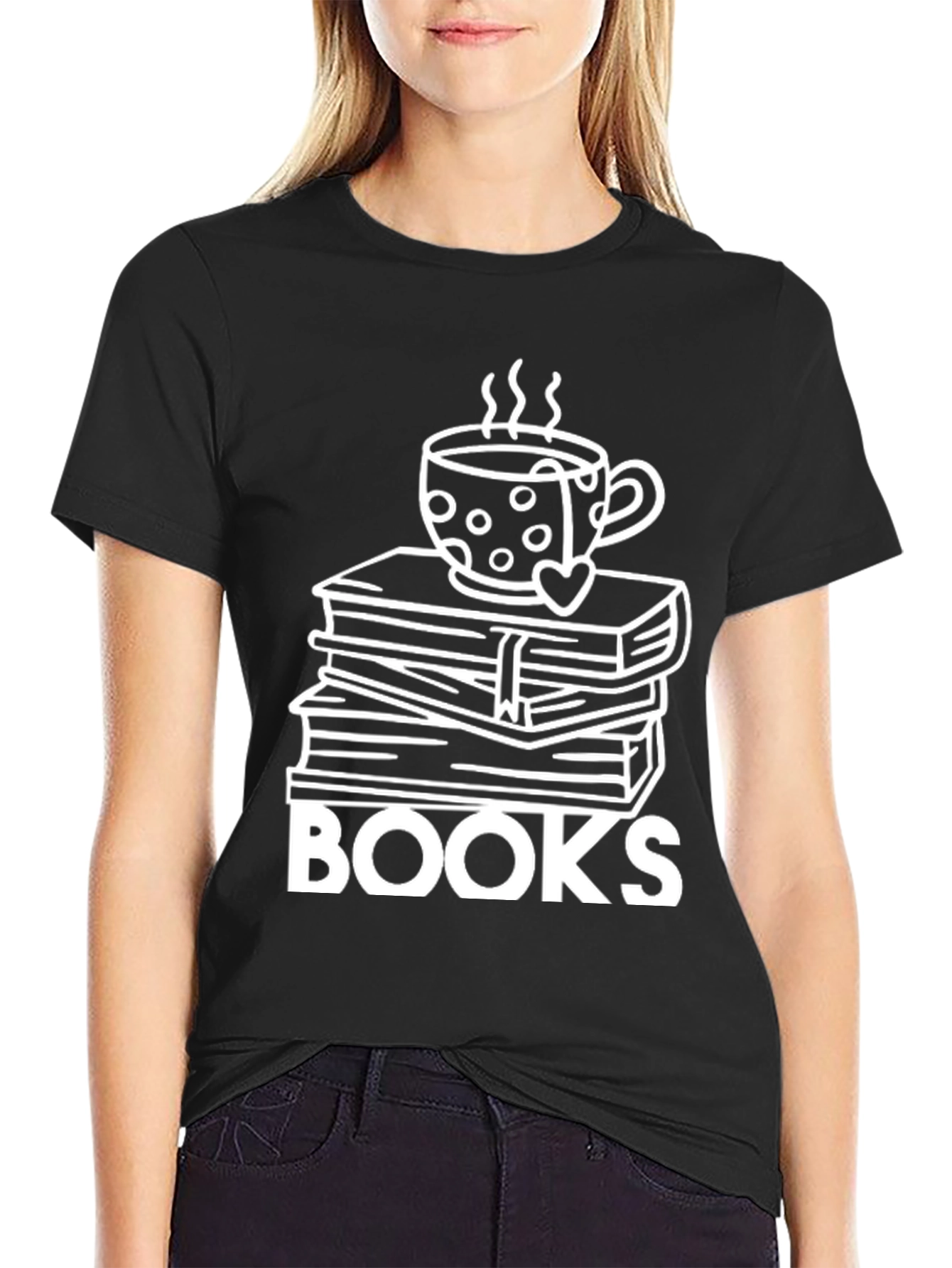 Book Lovers Tee: Stacked Books & Coffee Cup Design