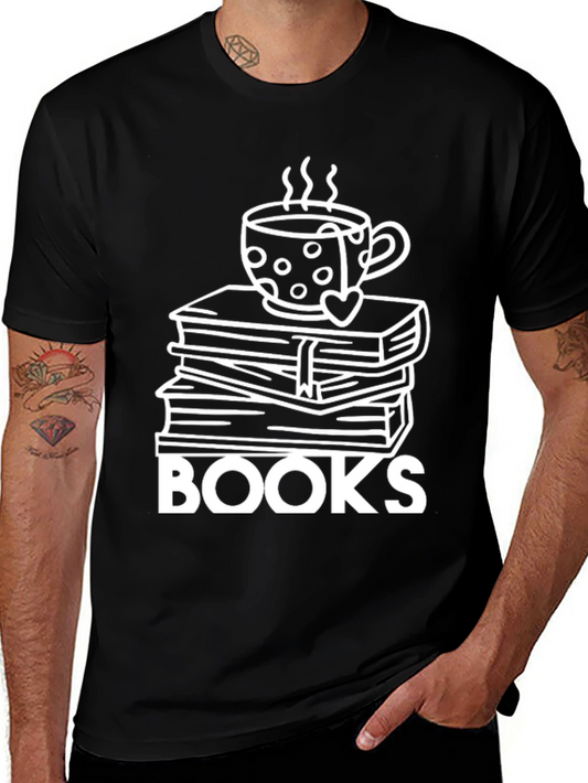 Book Lovers Tee: Stacked Books & Coffee Cup Design
