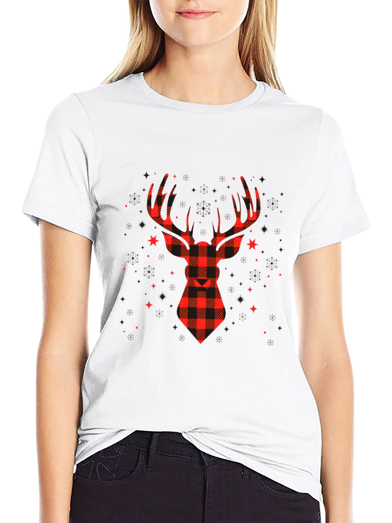 Plaid Reindeer Graphic Tee - Classic Holiday Style