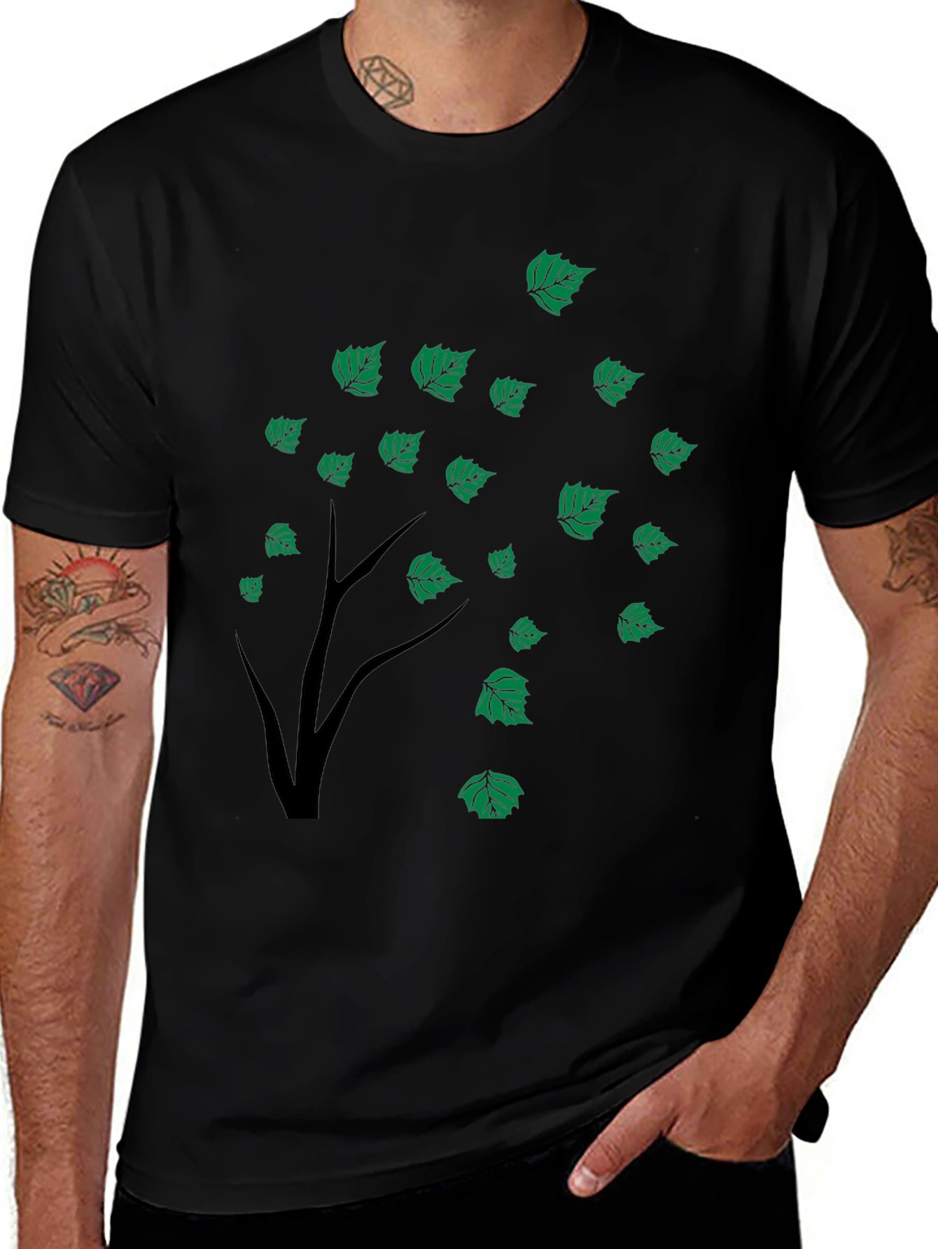 Black Tree Leaves Graphic Tee for Men