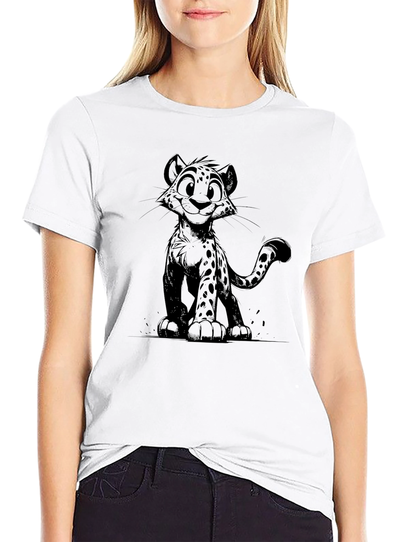 Cartoon Cheetah Graphic Black T-Shirt