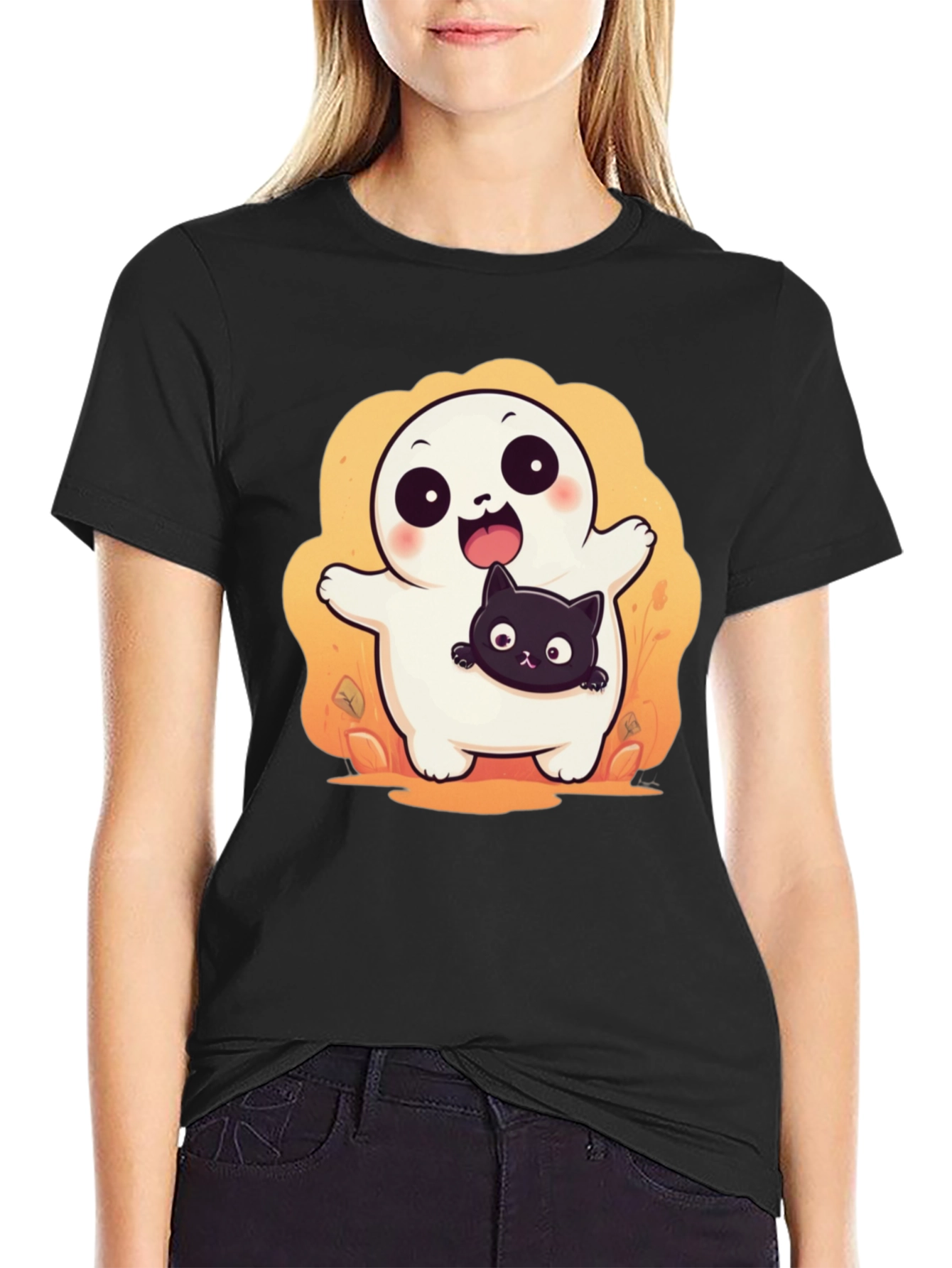 Cute Halloween Ghost with Black Cat T-Shirt
