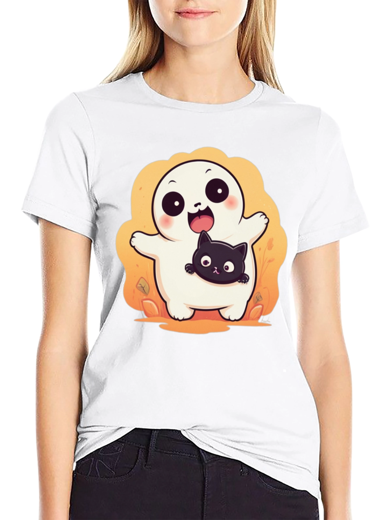 Cute Halloween Ghost with Black Cat T-Shirt