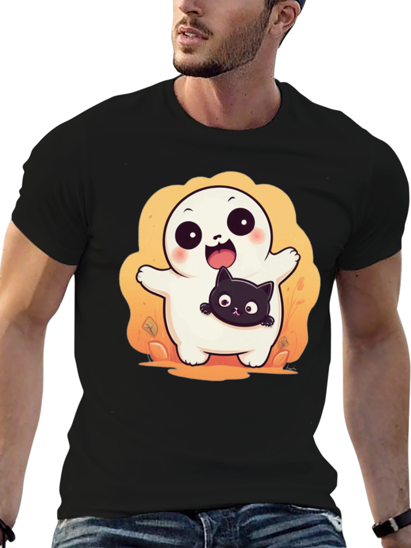 Cute Halloween Ghost with Black Cat T-Shirt