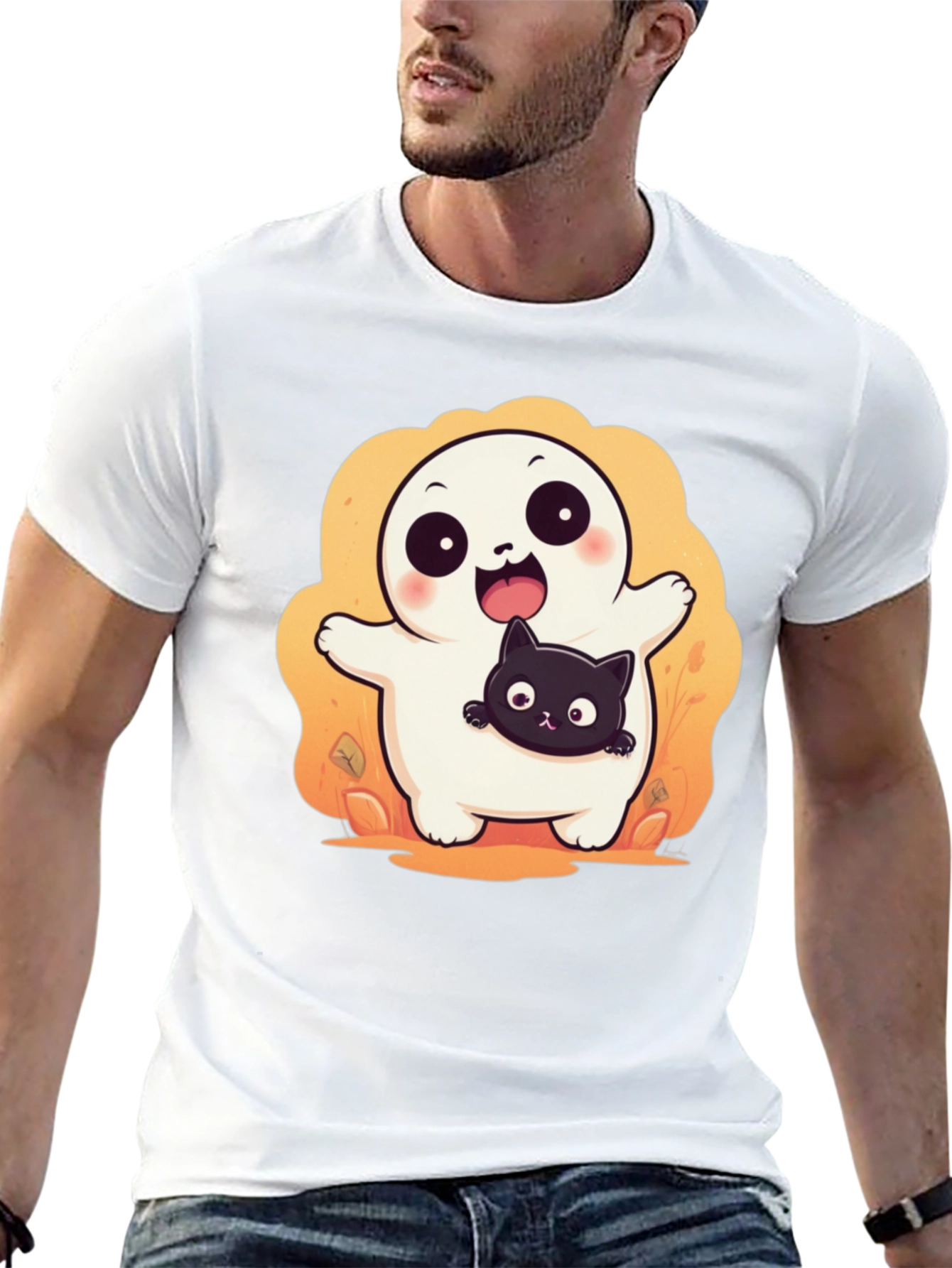 Cute Halloween Ghost with Black Cat T-Shirt