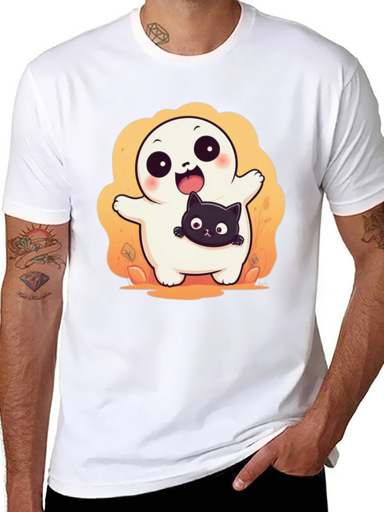 Cute Halloween Ghost with Black Cat T-Shirt