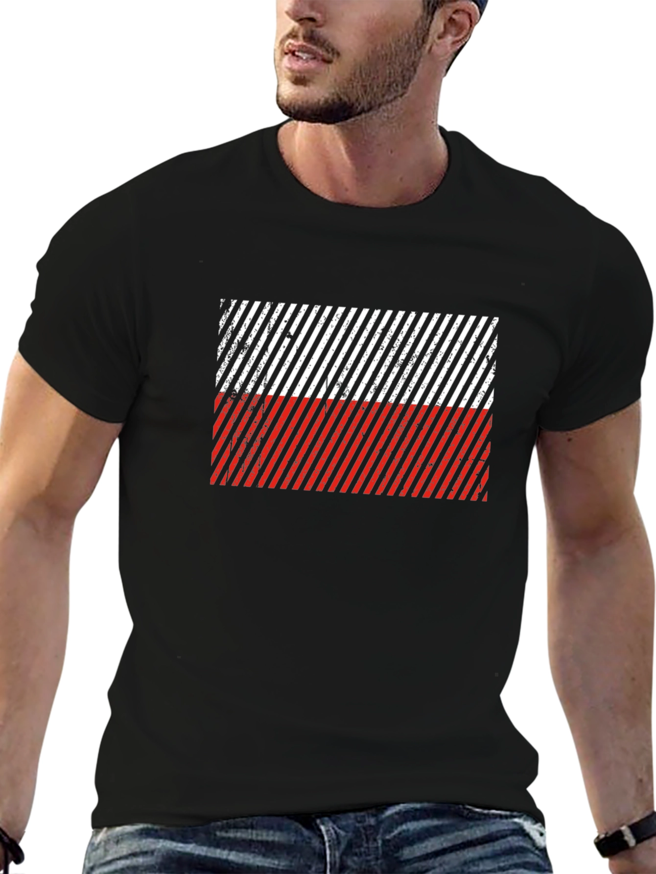 Poland Flag Diagonal Stripe Black T-Shirt