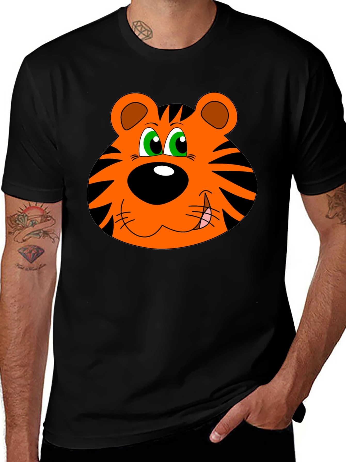 Cartoon Tiger Graphic T-Shirt - Black