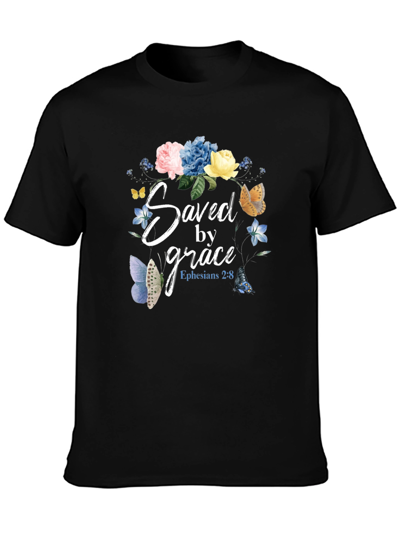 Saved by Grace T-Shirt - Floral Butterfly Design