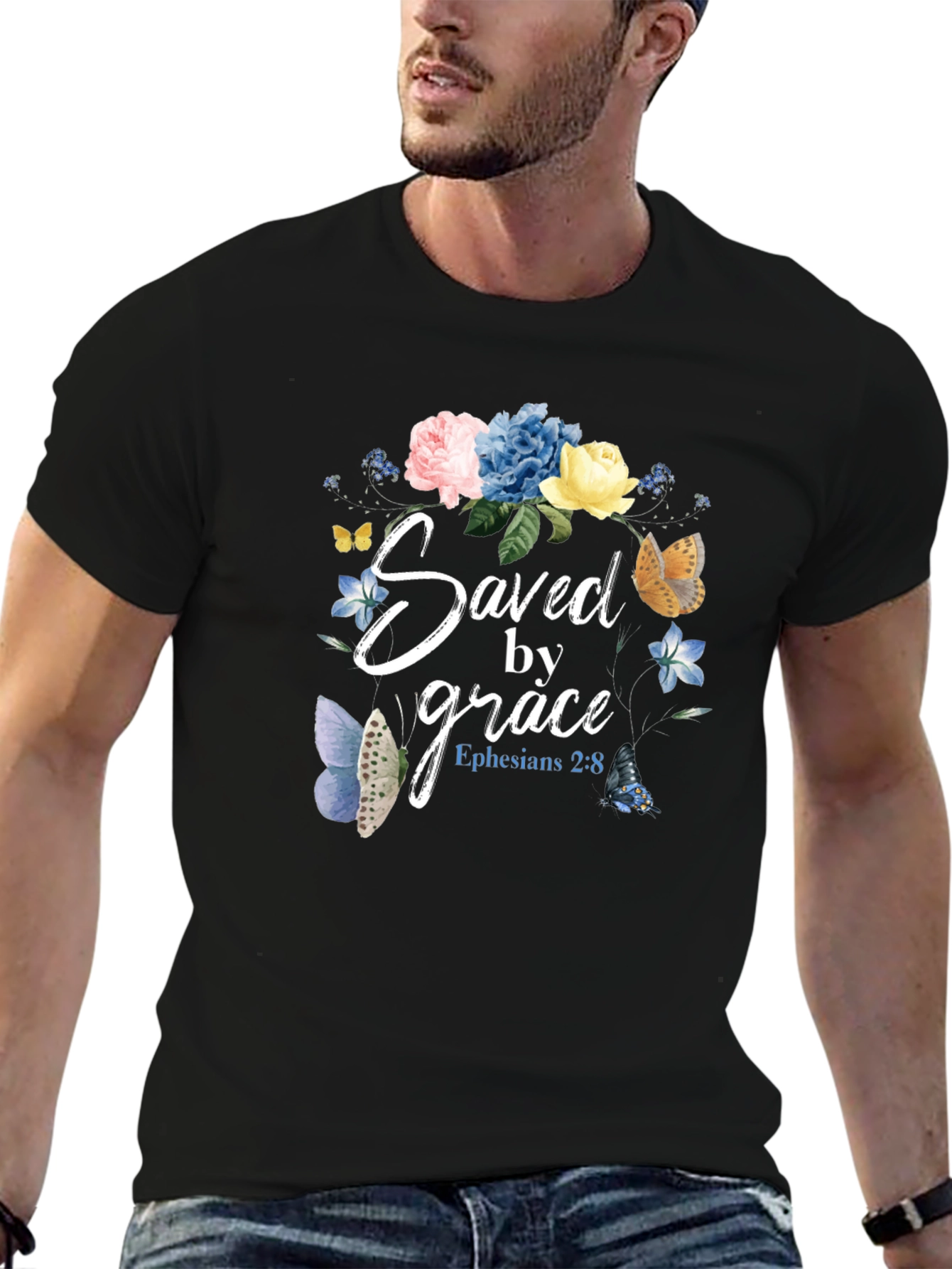 Saved by Grace T-Shirt - Floral Butterfly Design