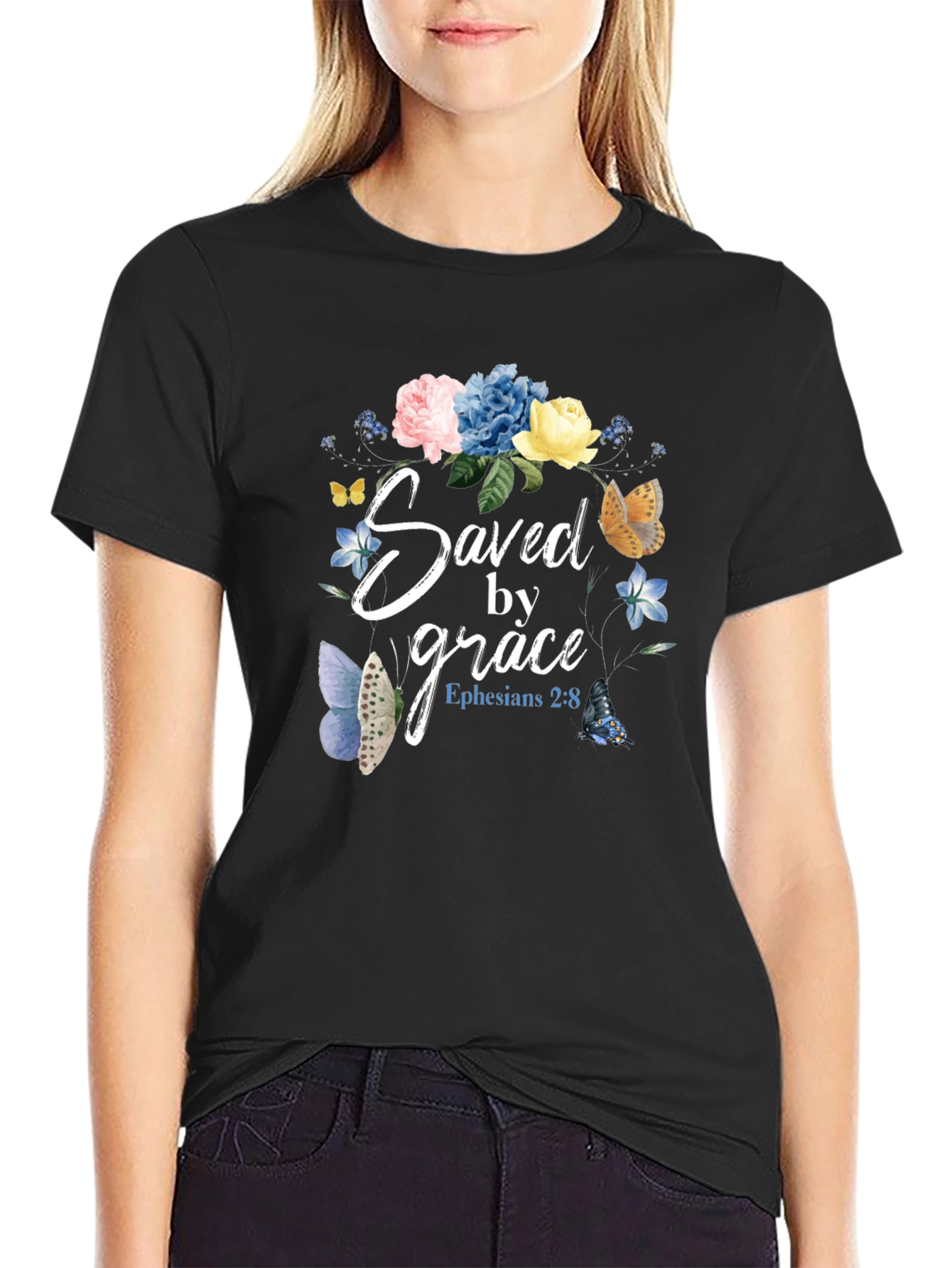 Saved by Grace T-Shirt - Floral Butterfly Design