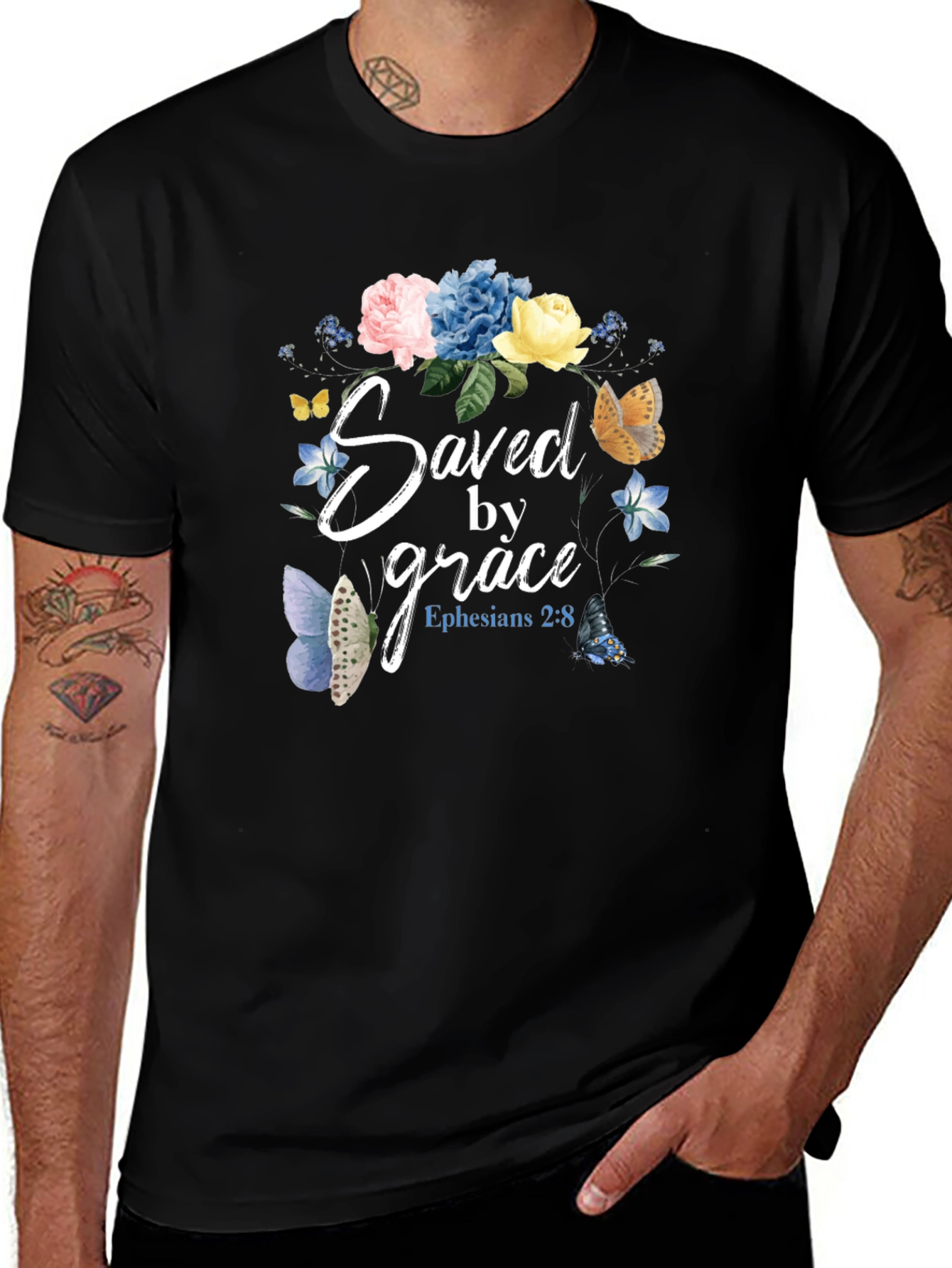 Saved by Grace T-Shirt - Floral Butterfly Design