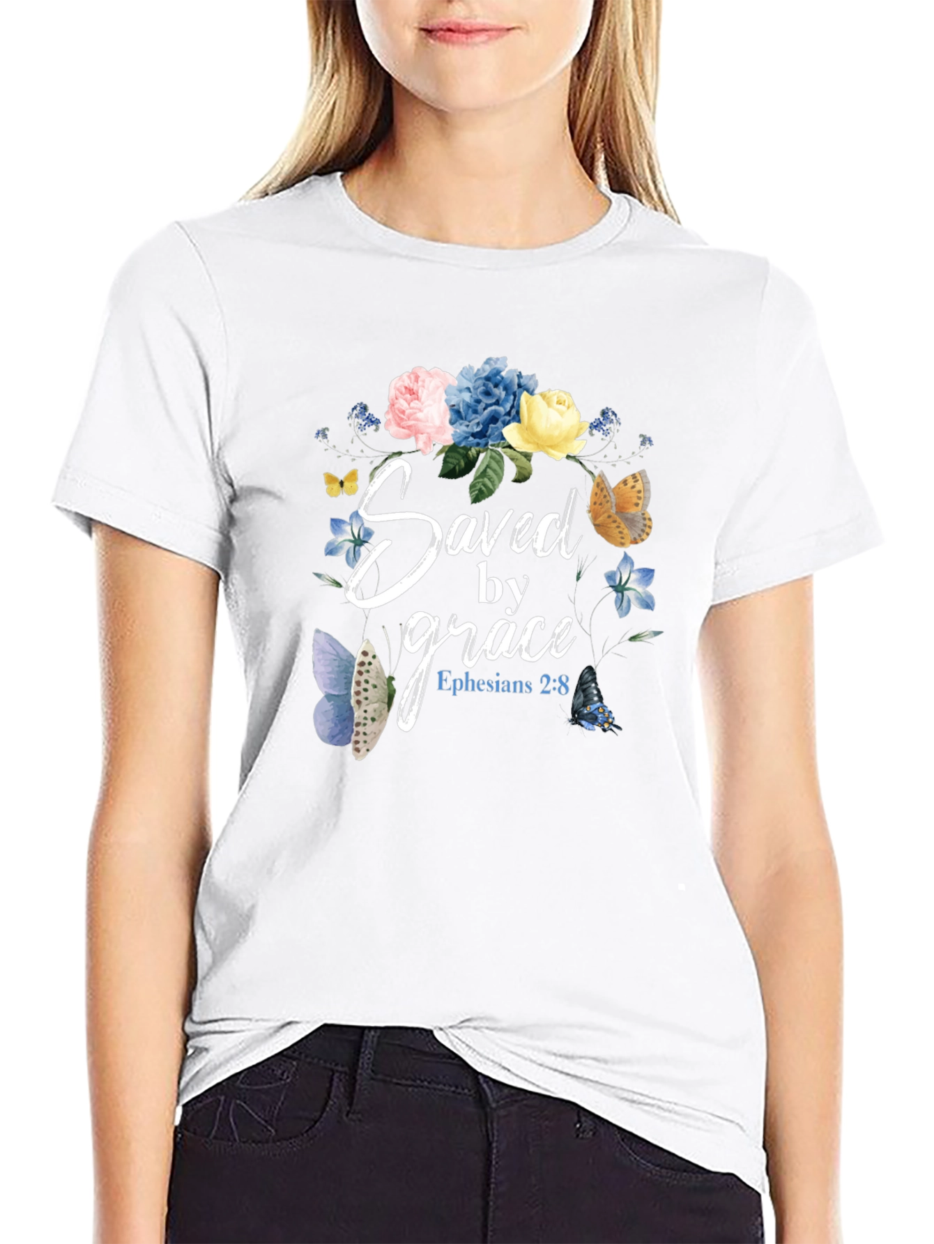 Saved by Grace T-Shirt - Floral Butterfly Design