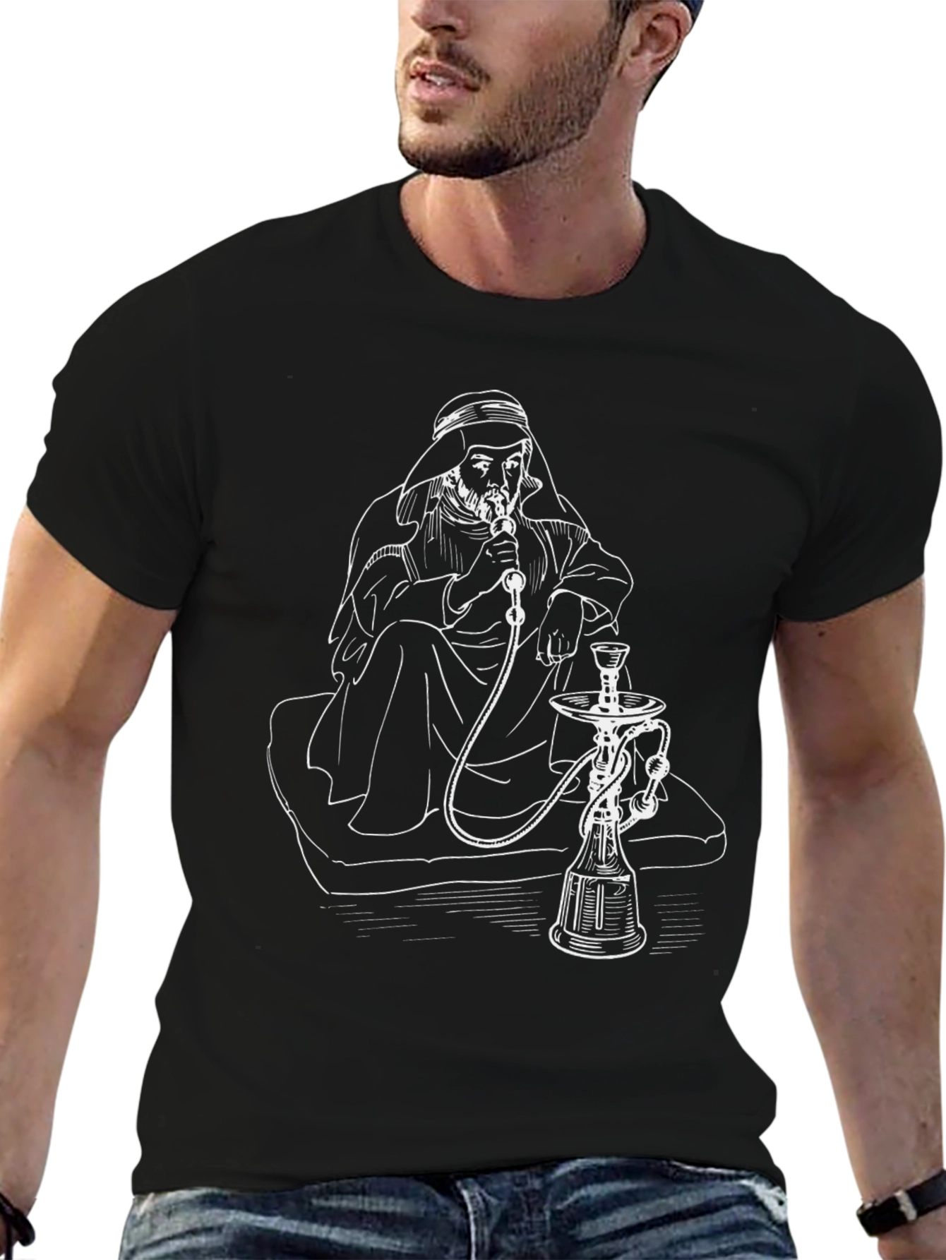 Hookah Smoking Man Graphic Tee - Black T-Shirt