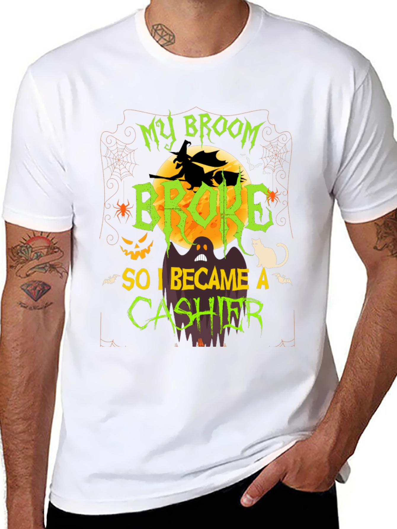 Halloween Cashier T-Shirt: My Broom Broke