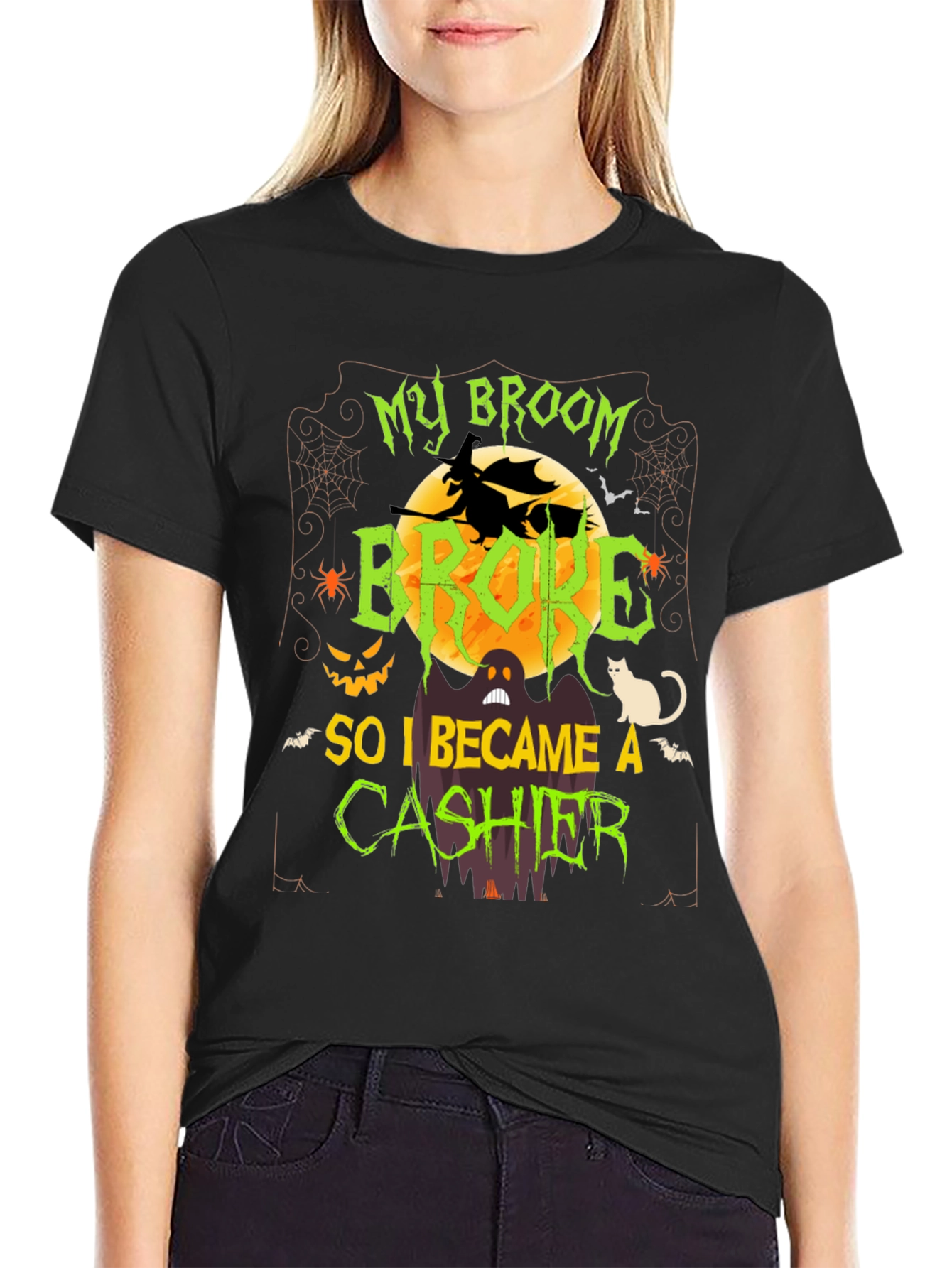 Halloween Cashier T-Shirt: My Broom Broke