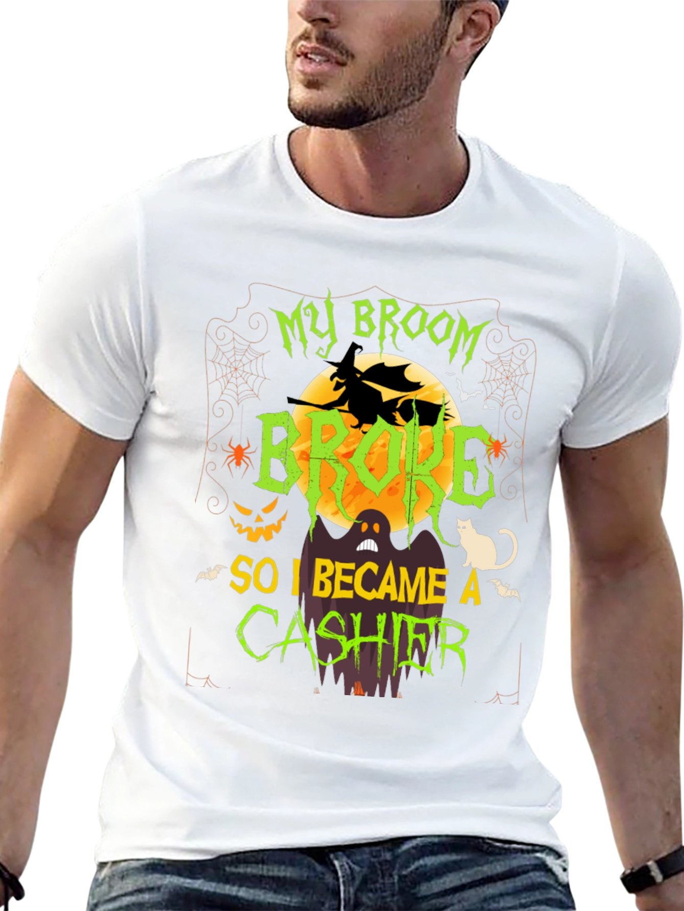 Halloween Cashier T-Shirt: My Broom Broke