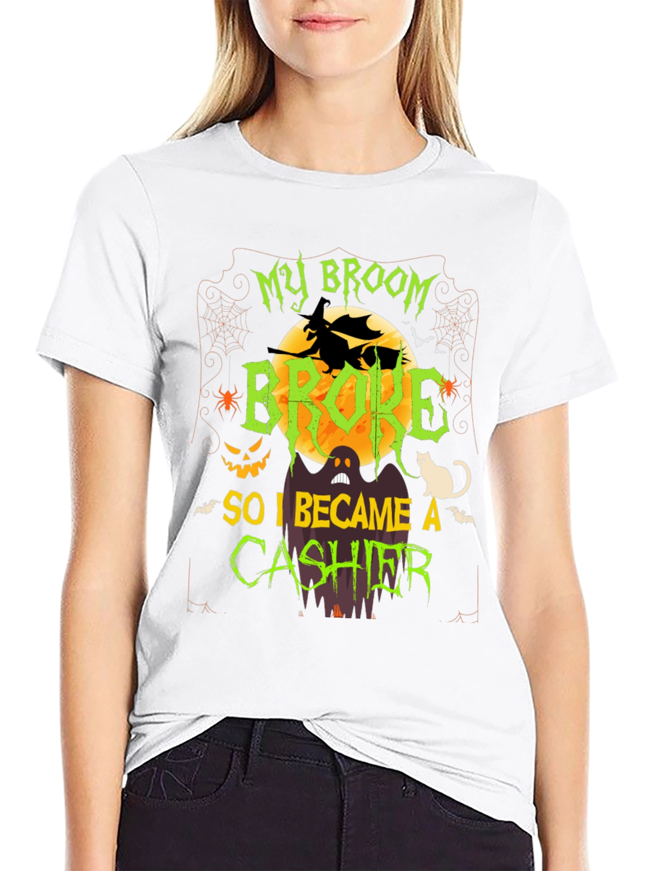 Halloween Cashier T-Shirt: My Broom Broke