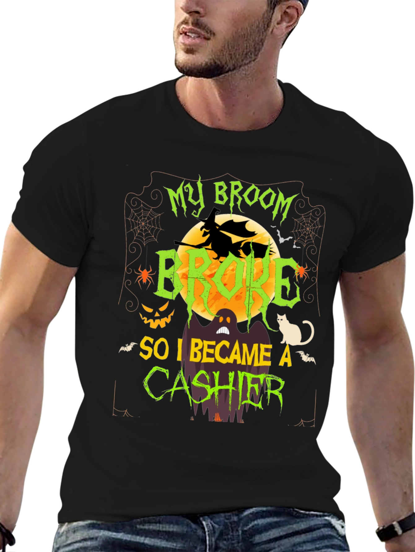 Halloween Cashier T-Shirt: My Broom Broke