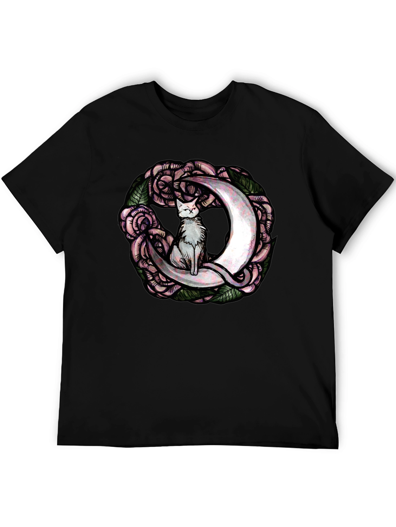 Cat on Moon Roses Graphic Tee - Black