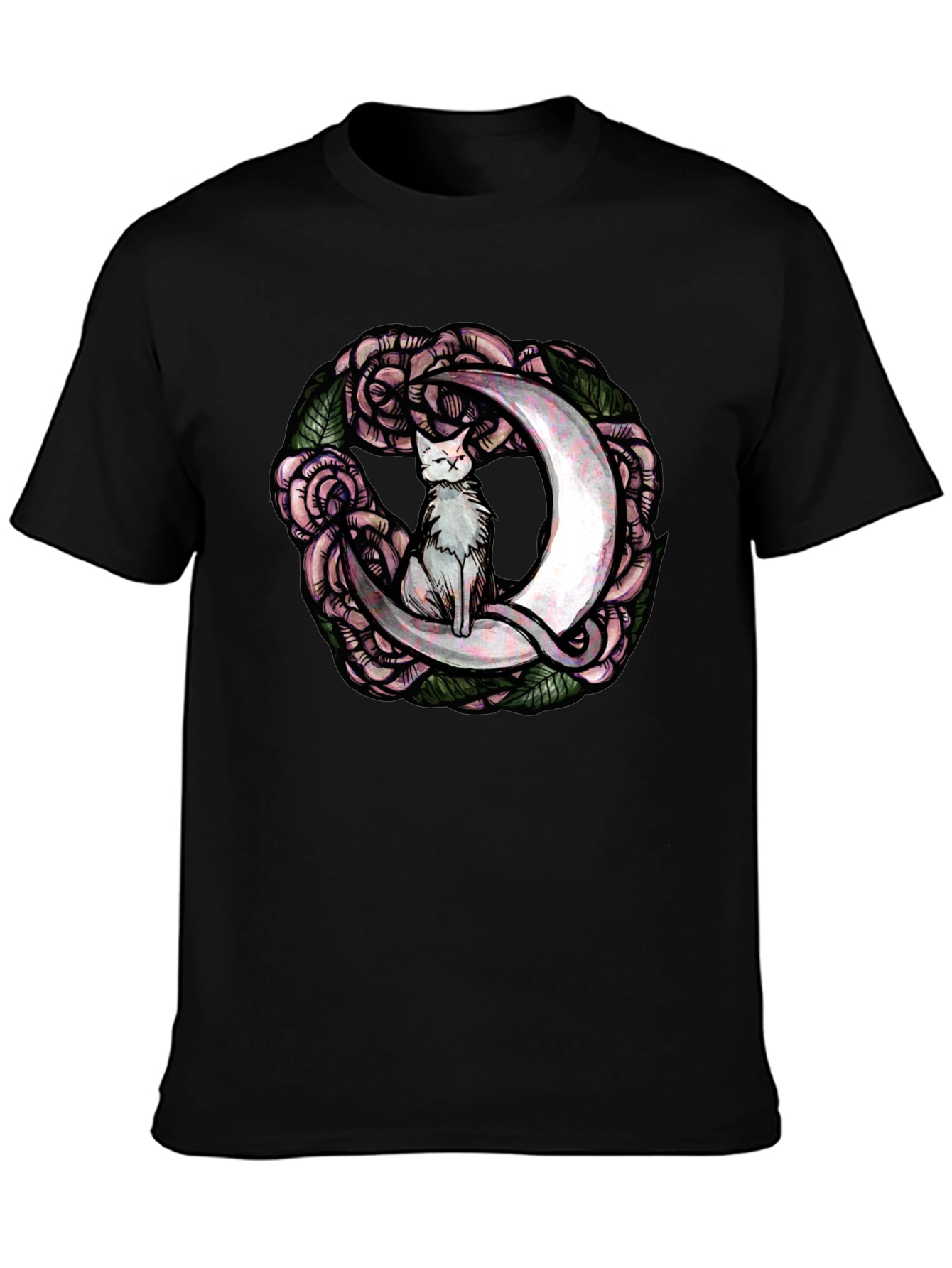 Cat on Moon Roses Graphic Tee - Black