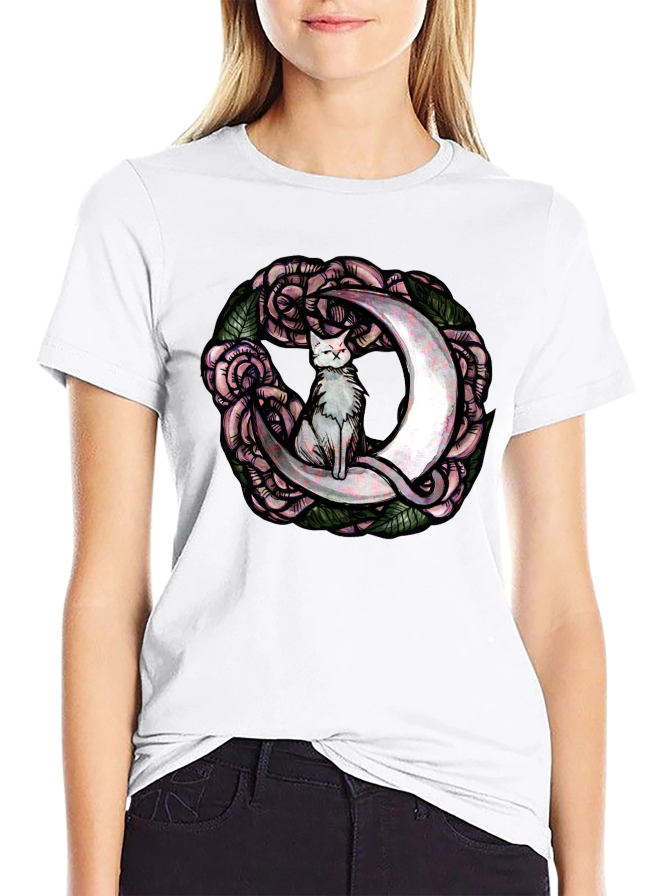 Cat on Moon Roses Graphic Tee - Black
