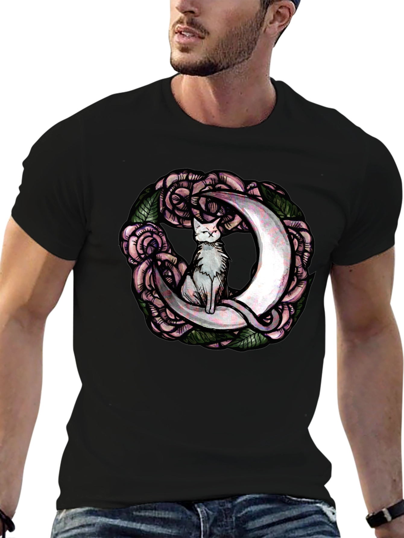 Cat on Moon Roses Graphic Tee - Black