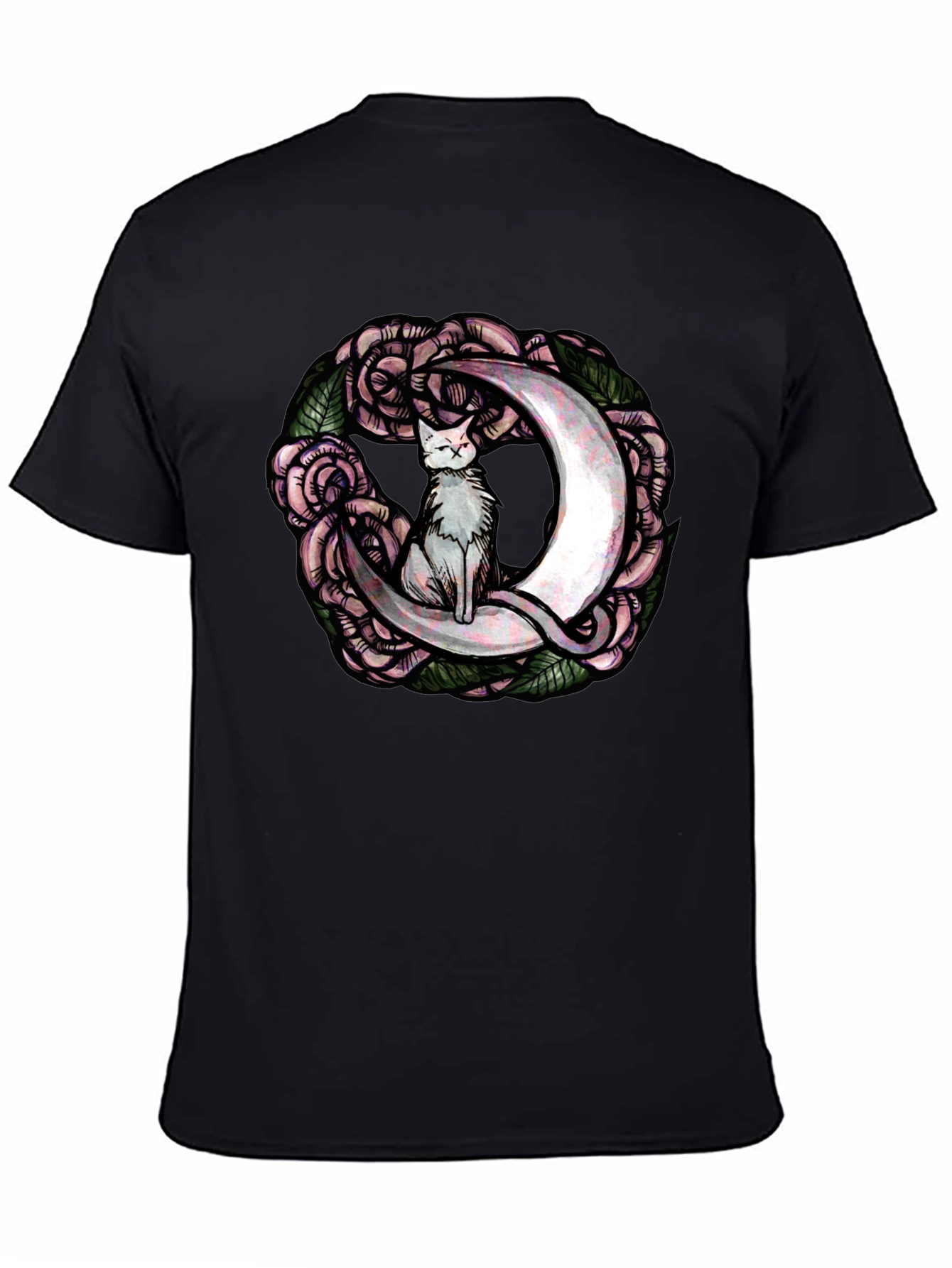 Cat on Moon Roses Graphic Tee - Black