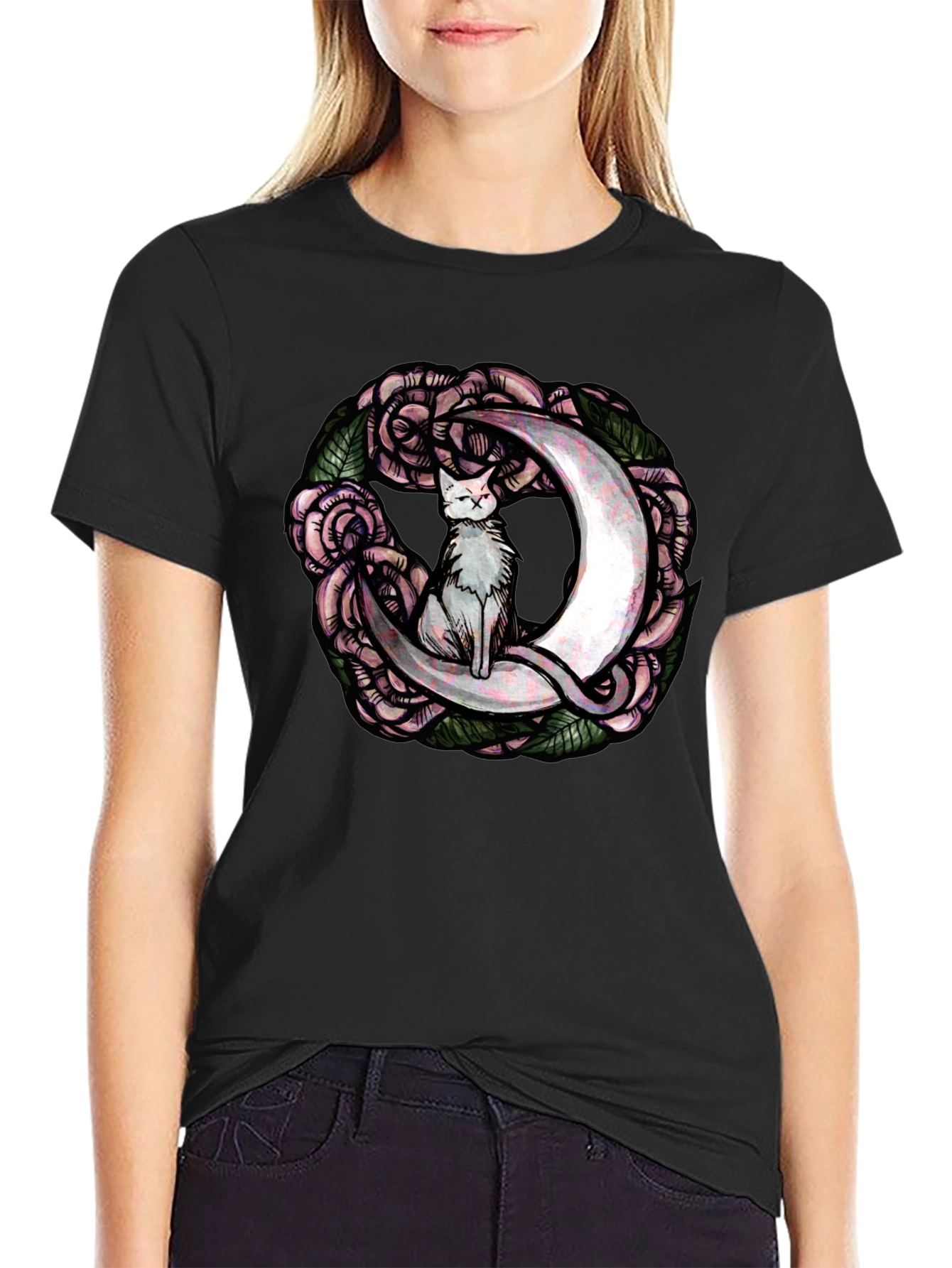 Cat on Moon Roses Graphic Tee - Black