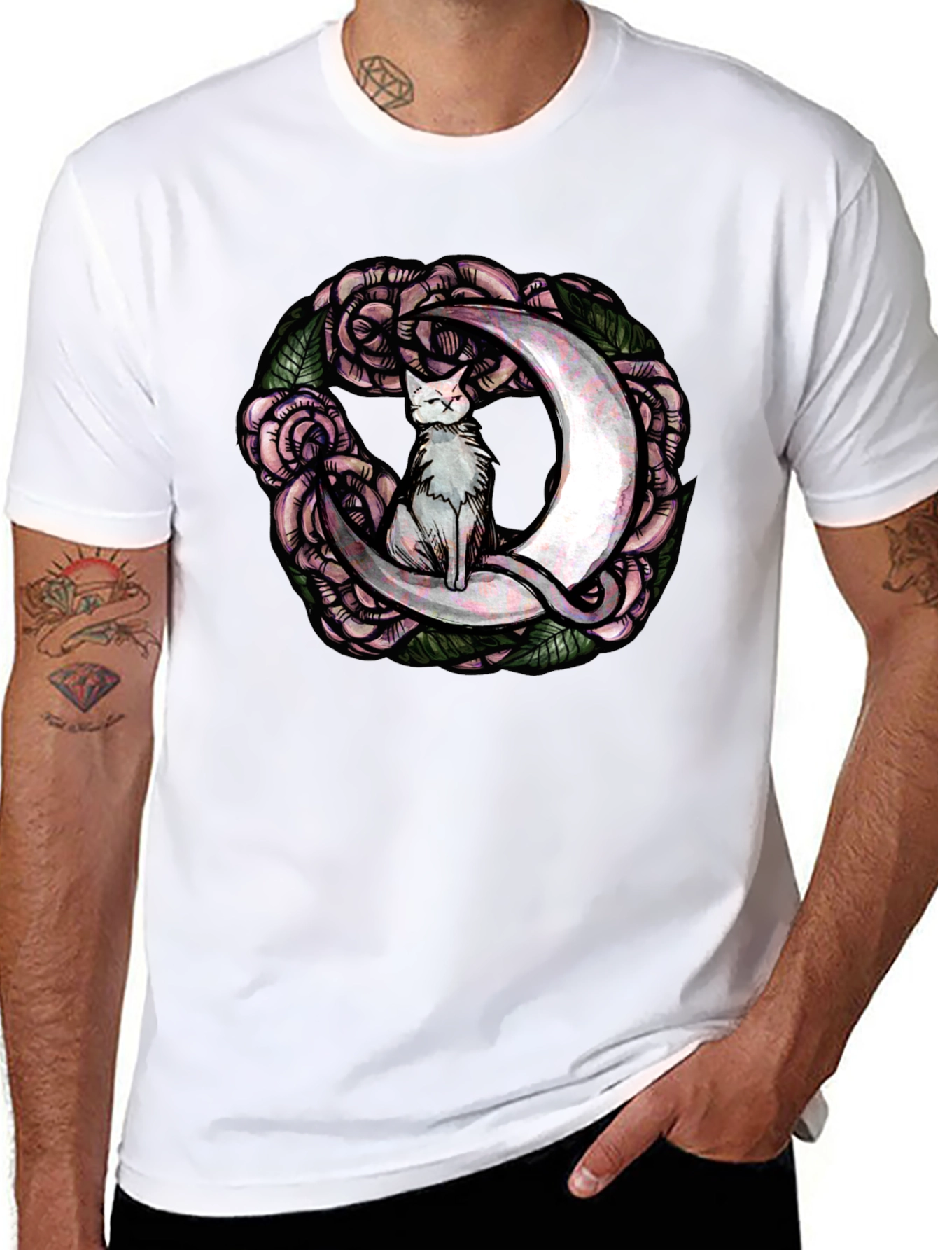 Cat on Moon Roses Graphic Tee - Black