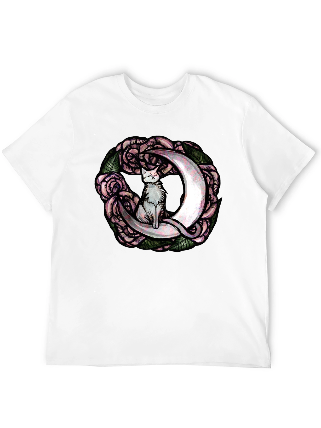 Cat on Moon Roses Graphic Tee - Black