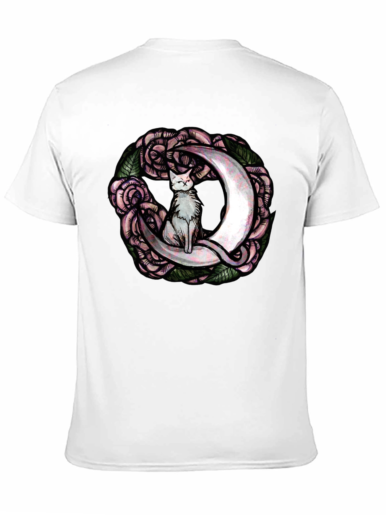 Cat on Moon Roses Graphic Tee - Black