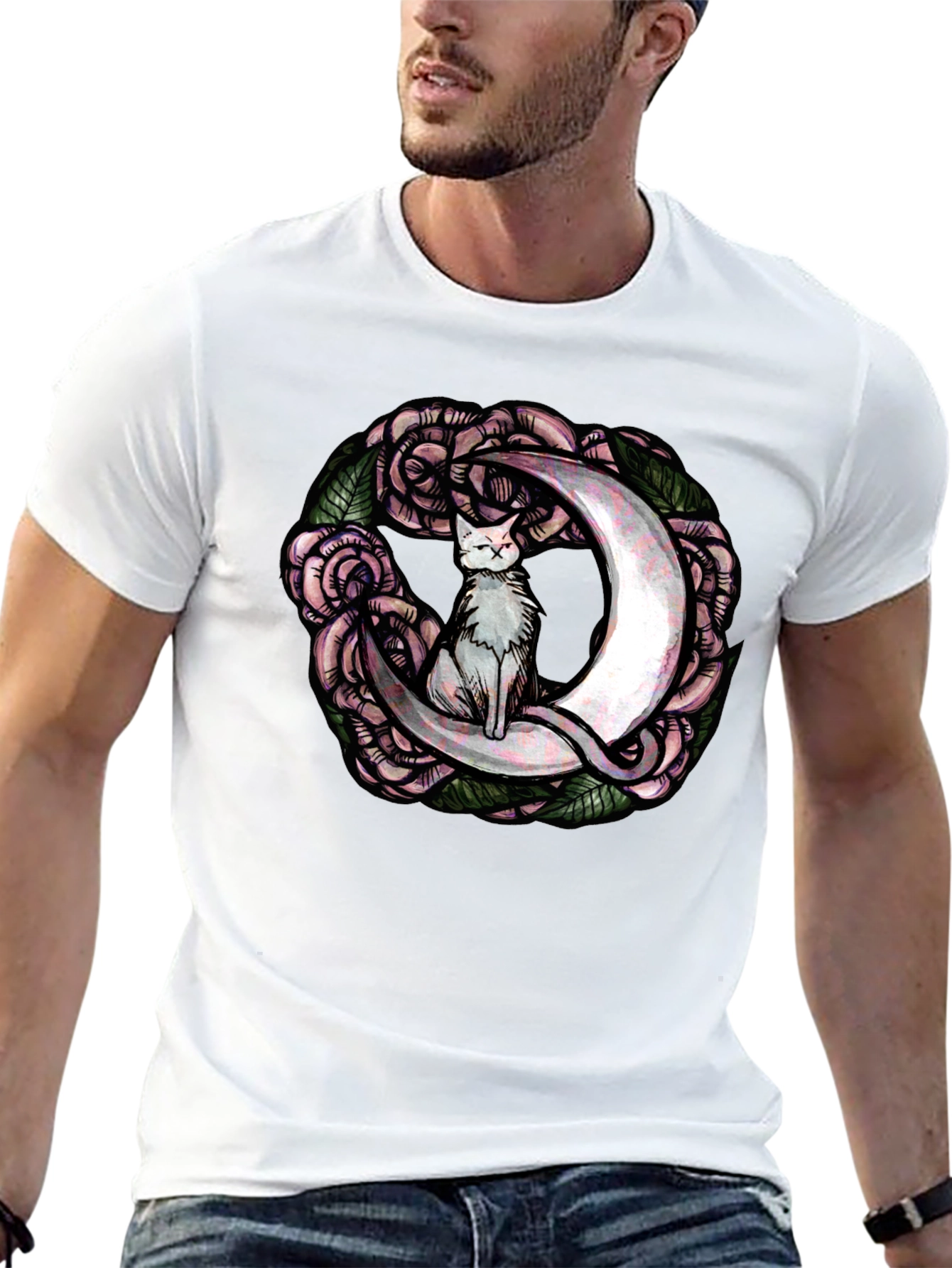 Cat on Moon Roses Graphic Tee - Black