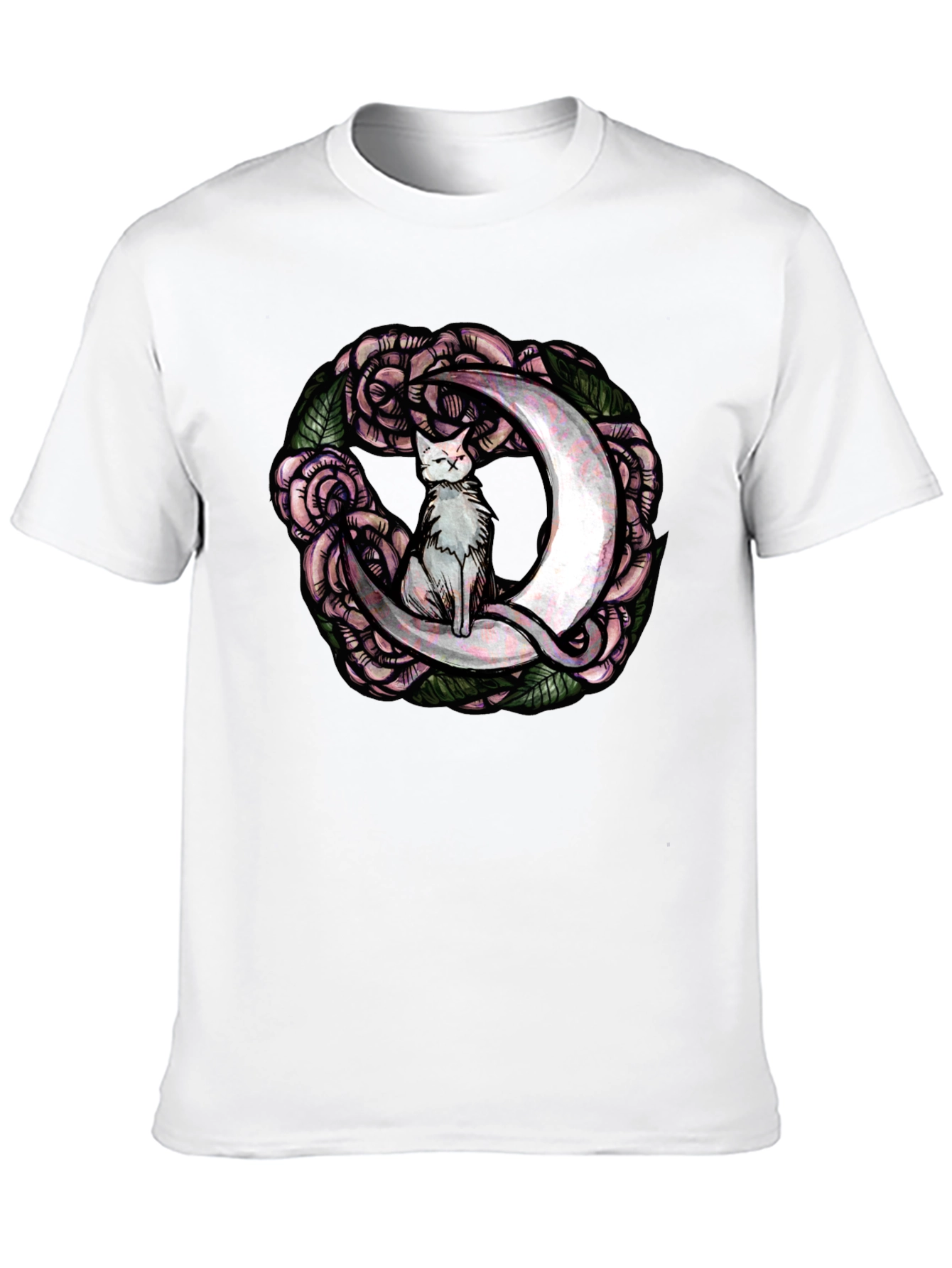 Cat on Moon Roses Graphic Tee - Black