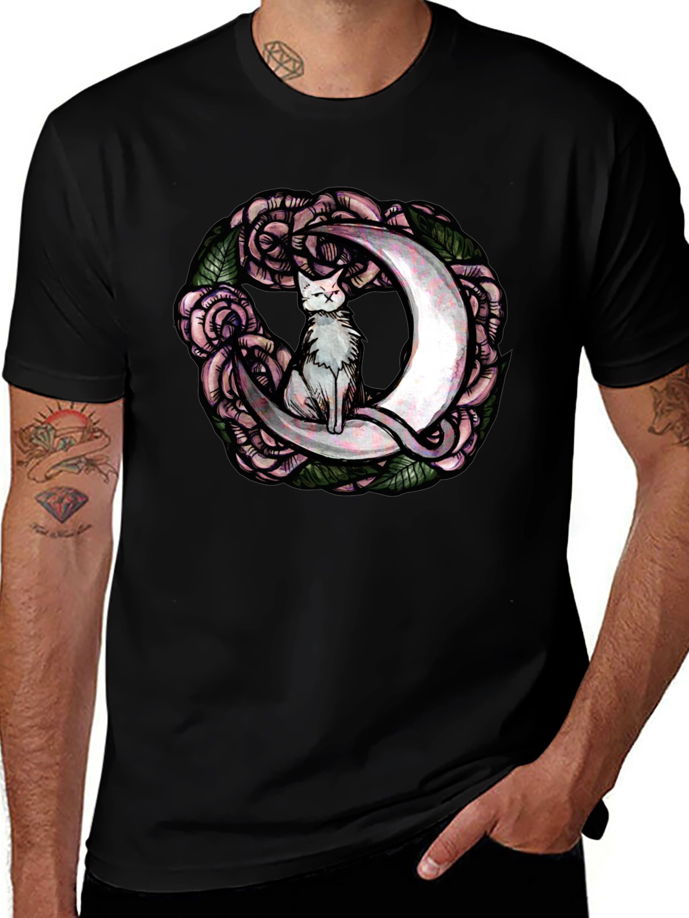 Cat on Moon Roses Graphic Tee - Black