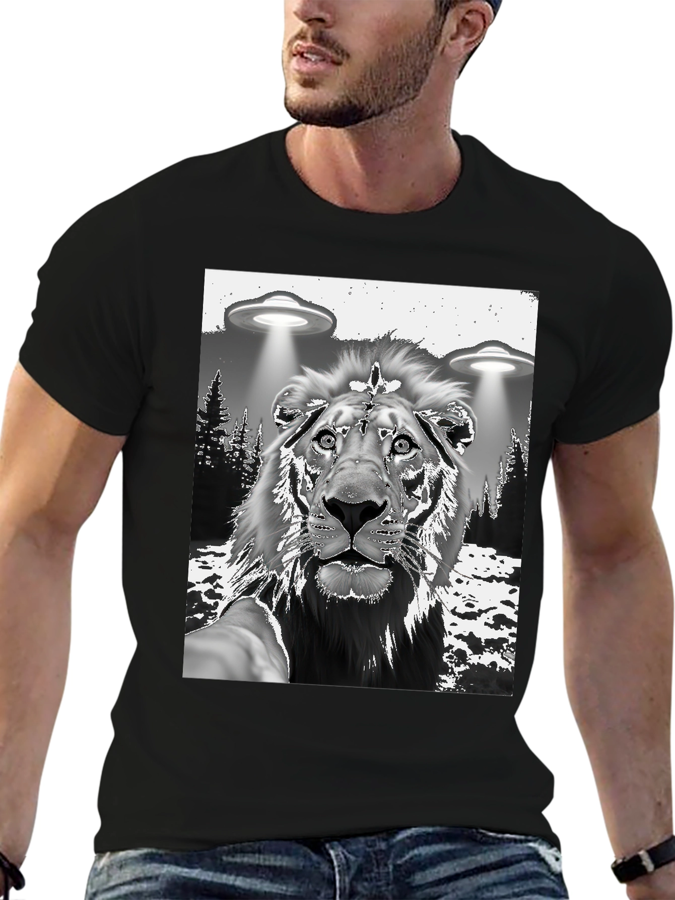 Lion Alien Abduction Graphic Tee - Black