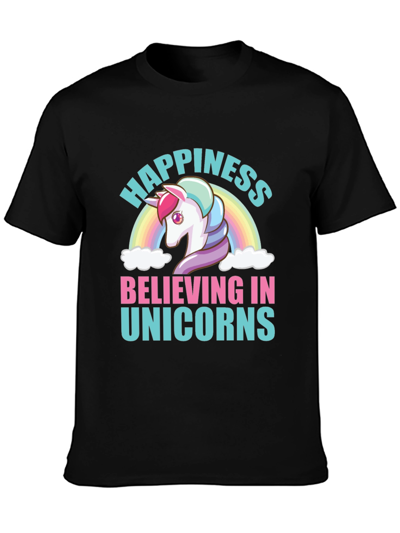Happiness Believing in Unicorns Black T-Shirt