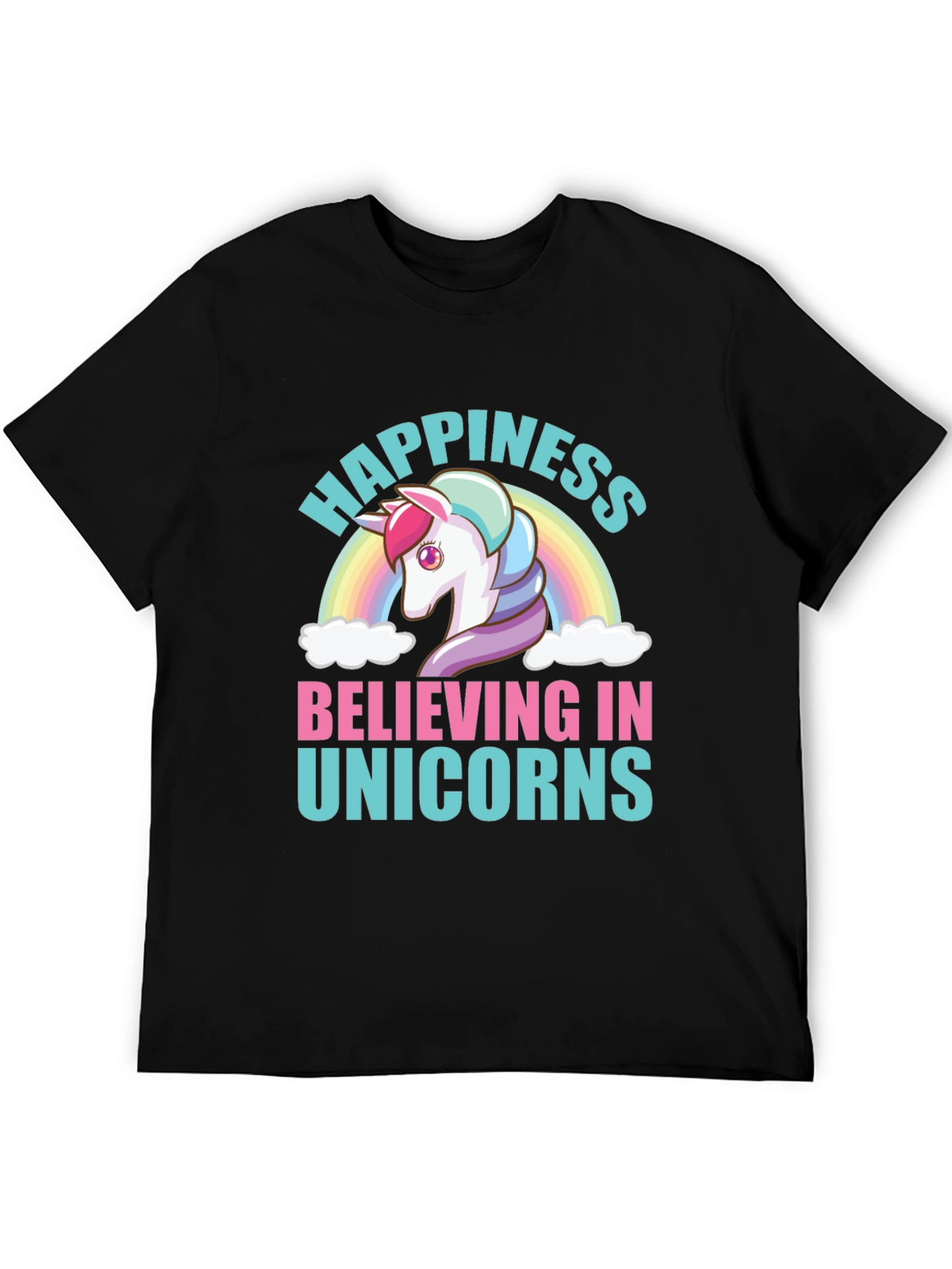 Happiness Believing in Unicorns Black T-Shirt
