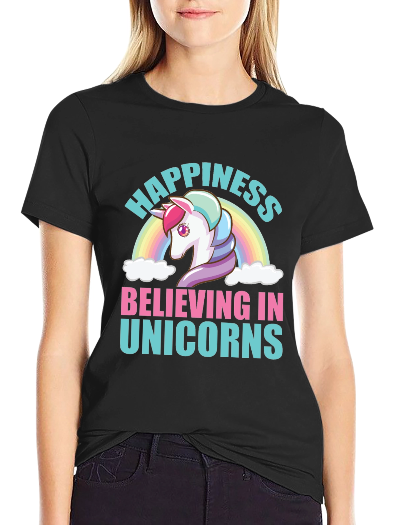 Happiness Believing in Unicorns Black T-Shirt